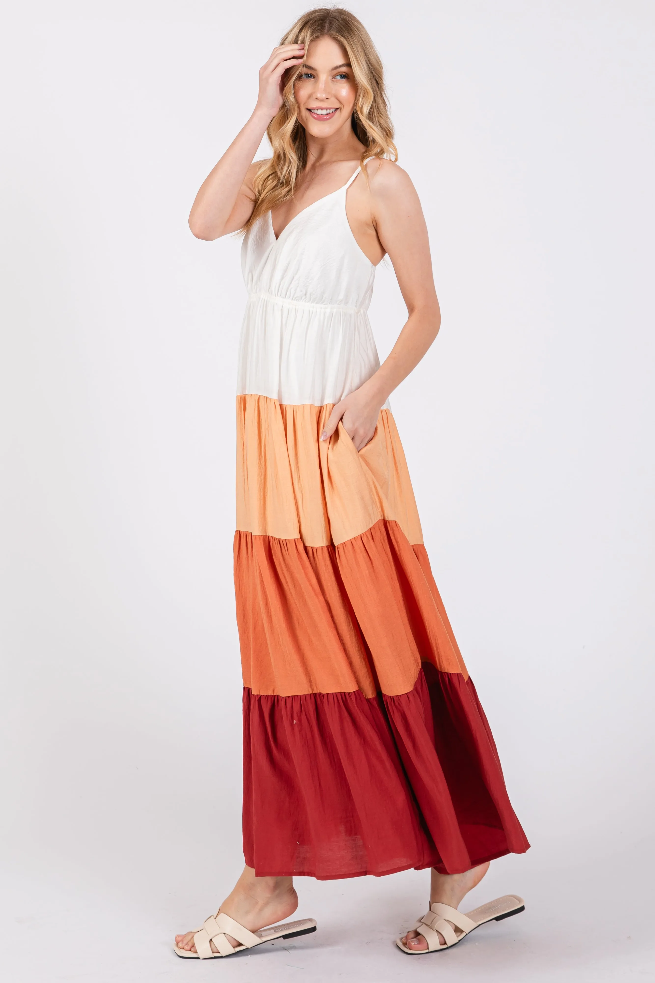 Peach V-Neck Tiered Color Block Midi Dress sold by Pinkblush product image thumbnail 2