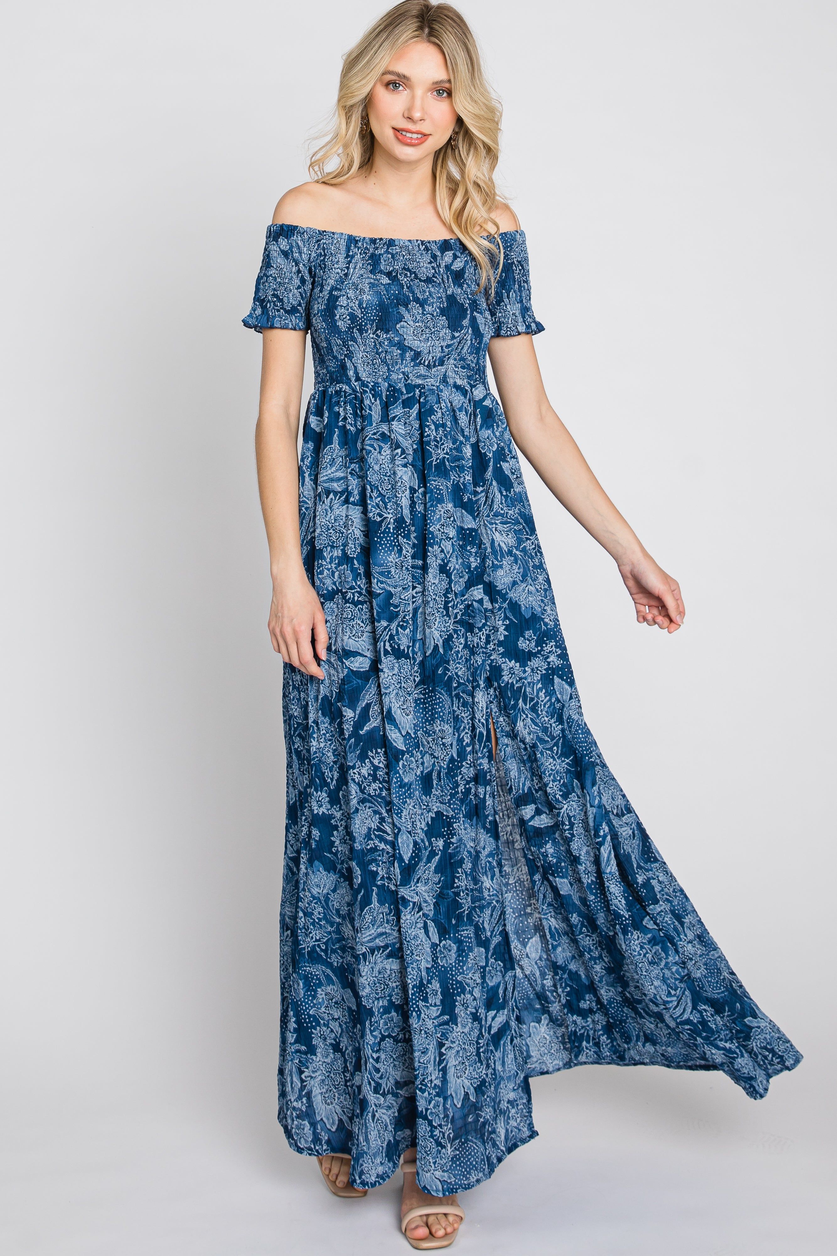 Navy Floral Off Shoulder Smocked Maxi Dress sold by Pinkblush product image thumbnail 3