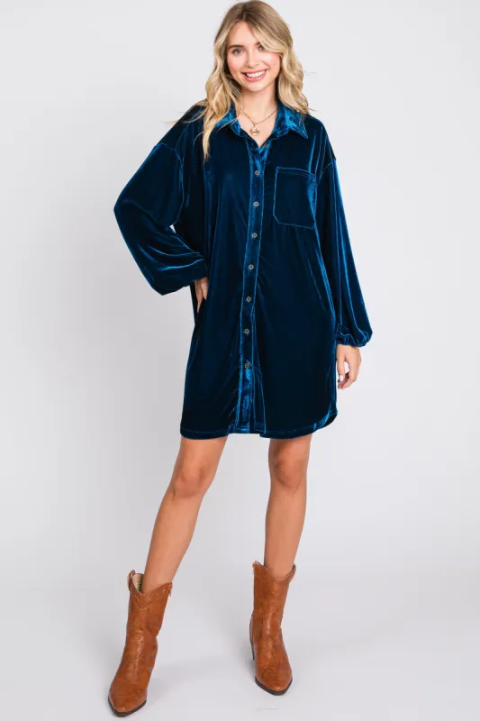 Teal Velour Button Up Long Sleeve Dress sold by Pinkblush
