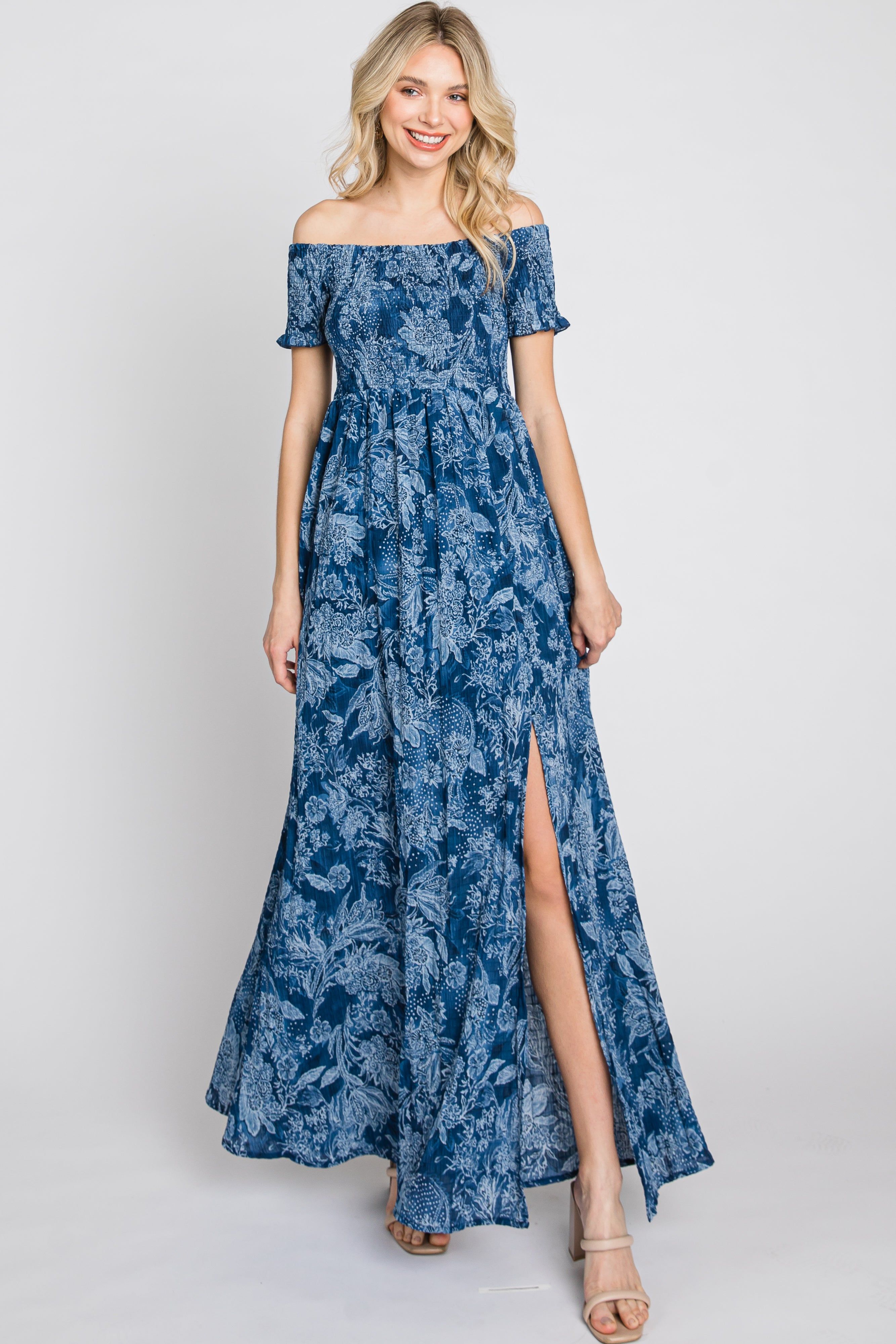 Navy Floral Off Shoulder Smocked Maxi Dress sold by Pinkblush product image thumbnail 4