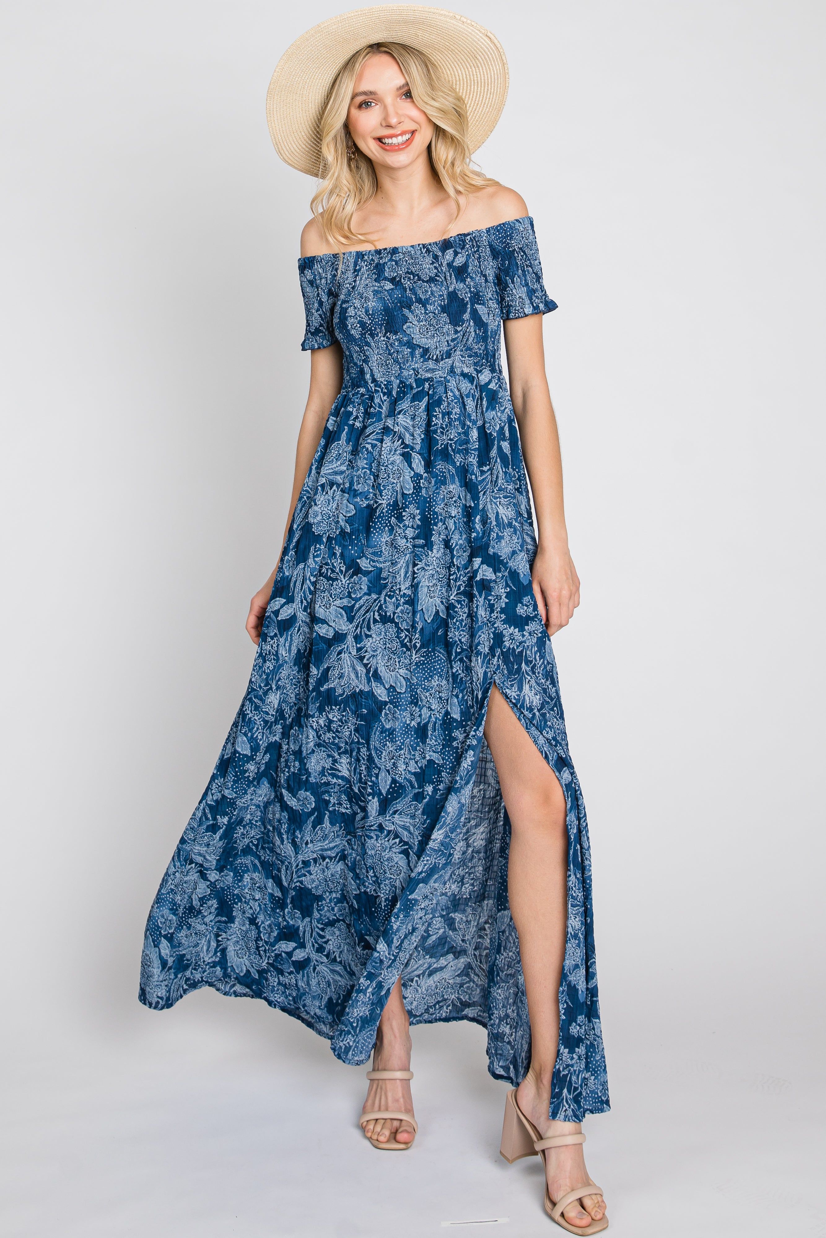 Navy Floral Off Shoulder Smocked Maxi Dress sold by Pinkblush
