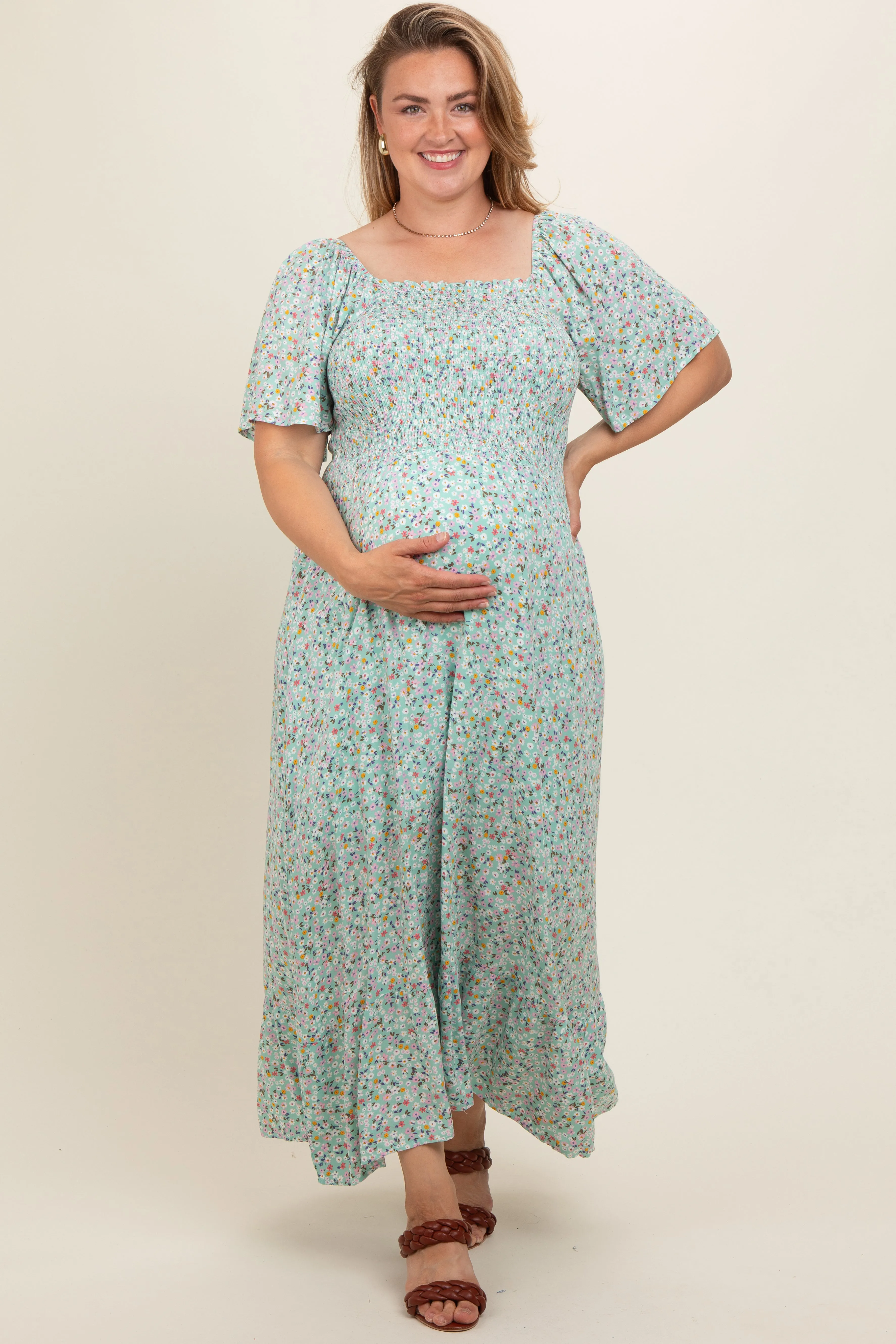 Mint Floral Smocked Plus Maternity Maxi Dress sold by Pinkblush