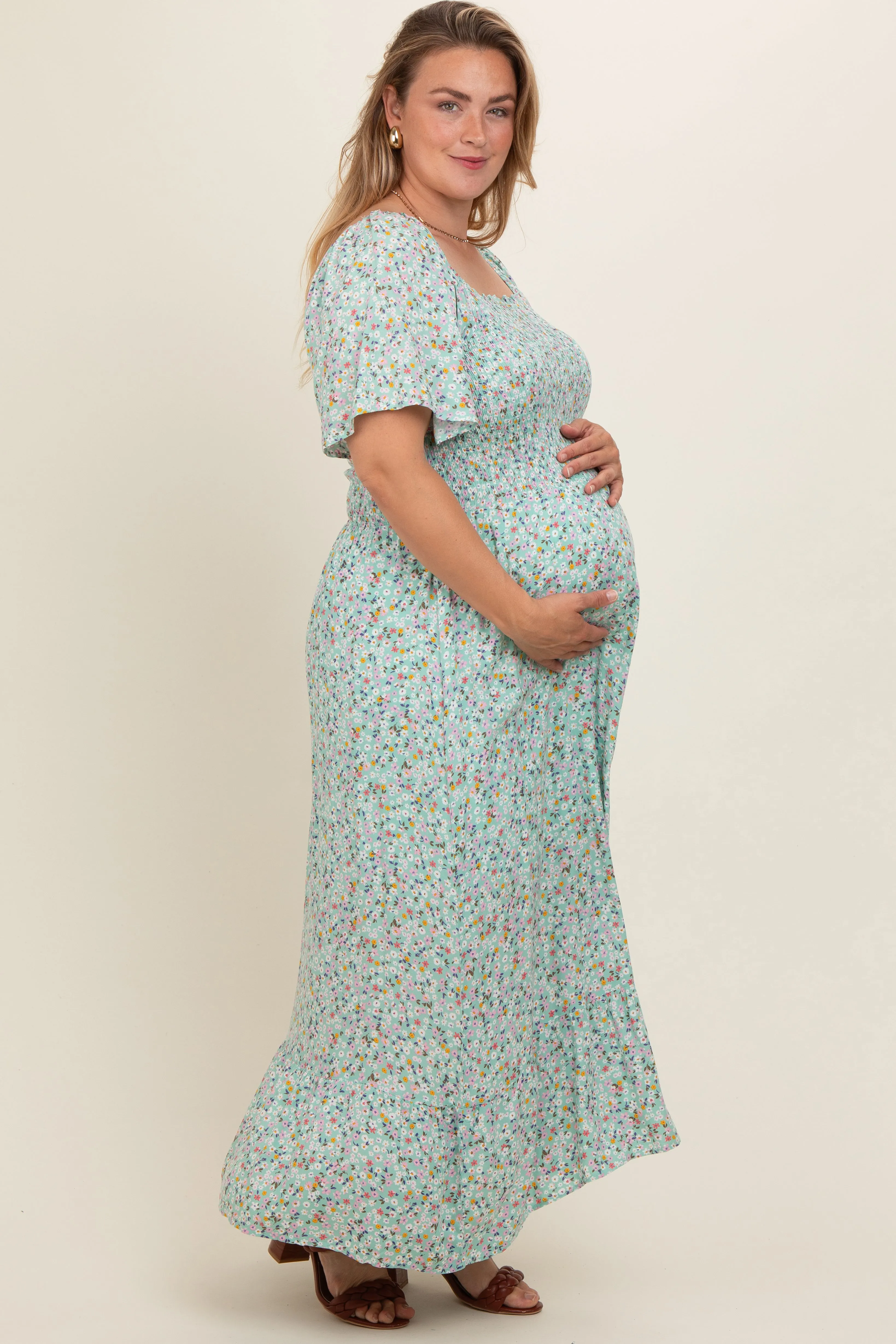 Mint Floral Smocked Plus Maternity Maxi Dress sold by Pinkblush product image thumbnail 2