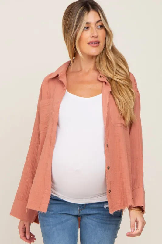 Peach Button Down Collared Frayed Maternity Top sold by Pinkblush