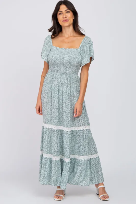 Green Floral Square Neck Smocked Front Lace Trim Maxi Dress sold by Pinkblush
