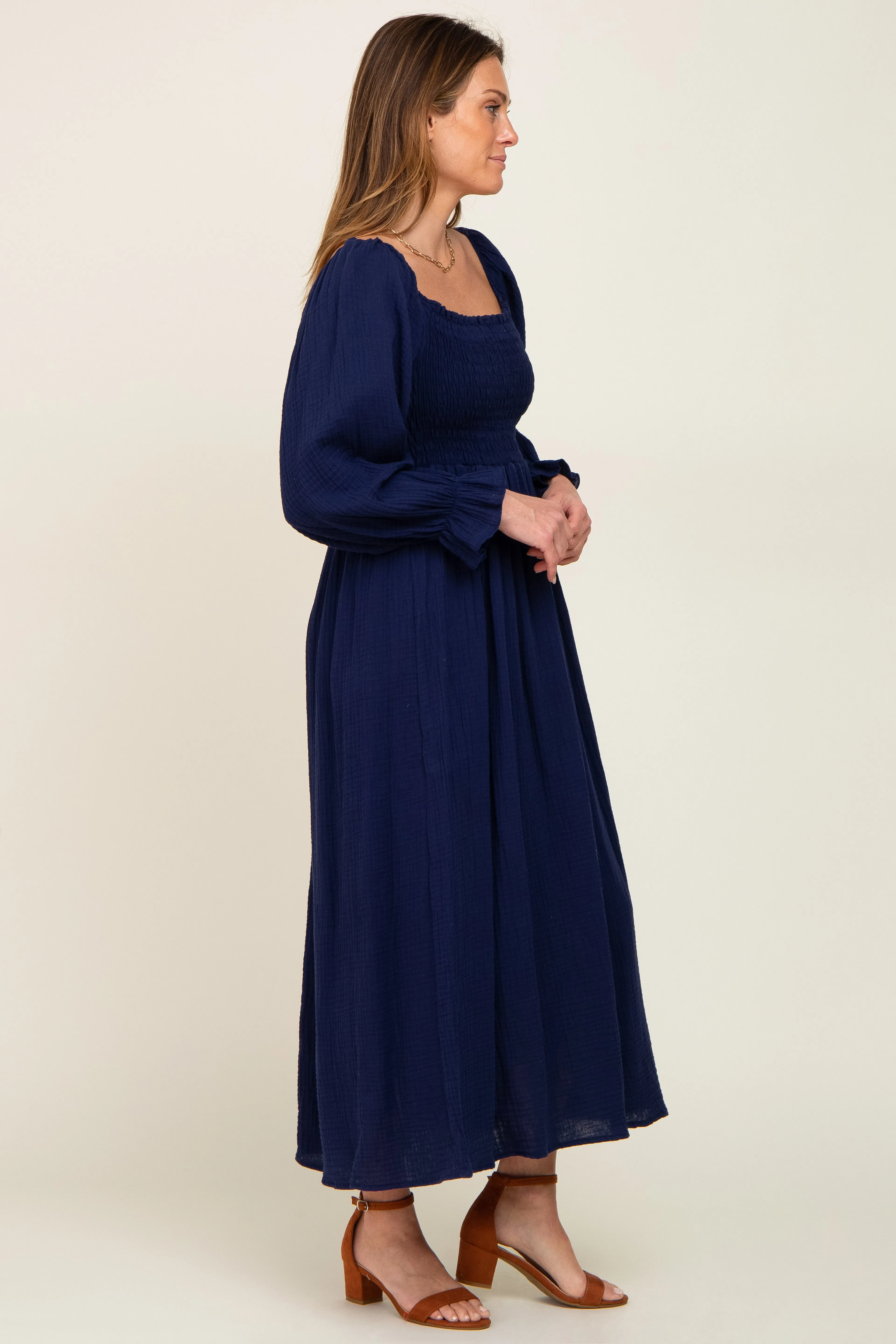 Navy Gauze Smocked Midi Dress sold by Pinkblush product image thumbnail 2