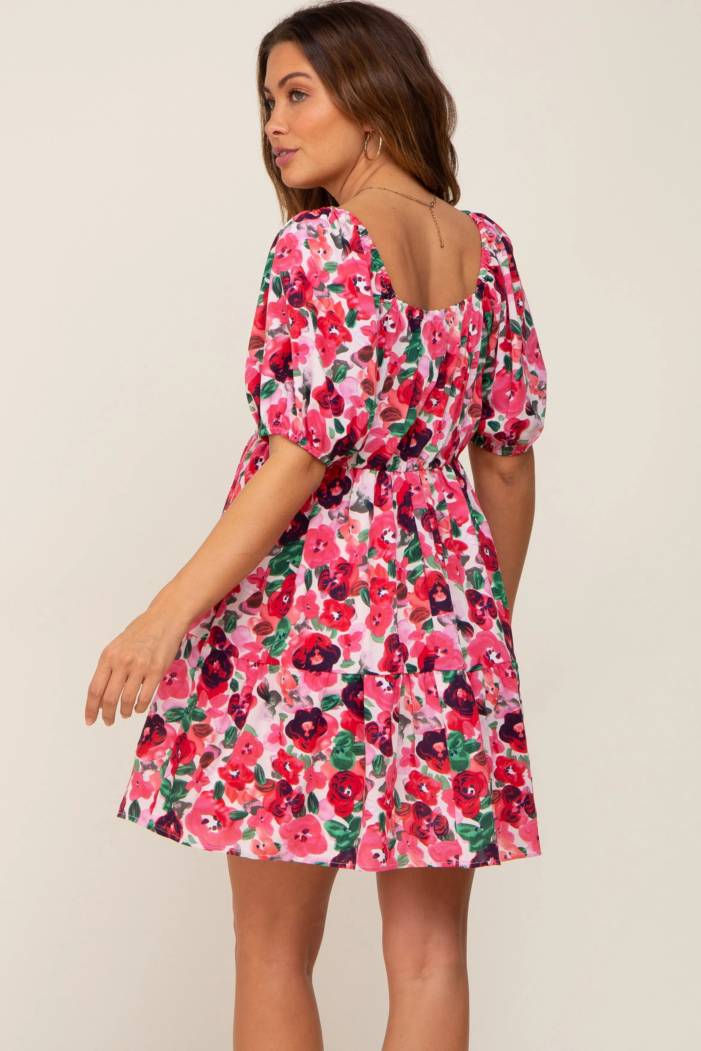 Pink Floral Sweetheart Neck Short Puff Sleeve Maternity Dress sold by Pinkblush product image thumbnail 3