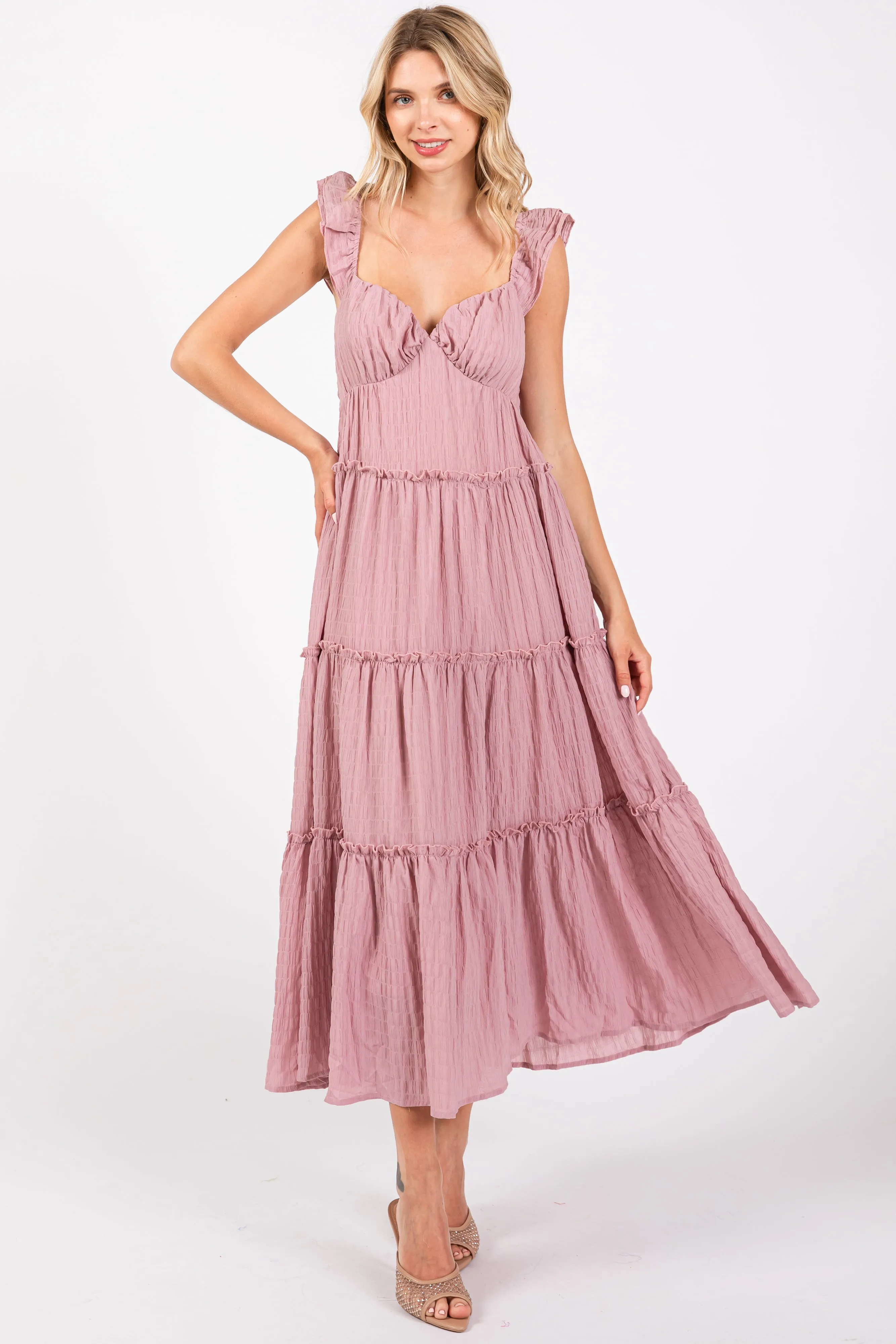 Pink Textured Tiered Maternity Midi Dress sold by Pinkblush product image thumbnail 5