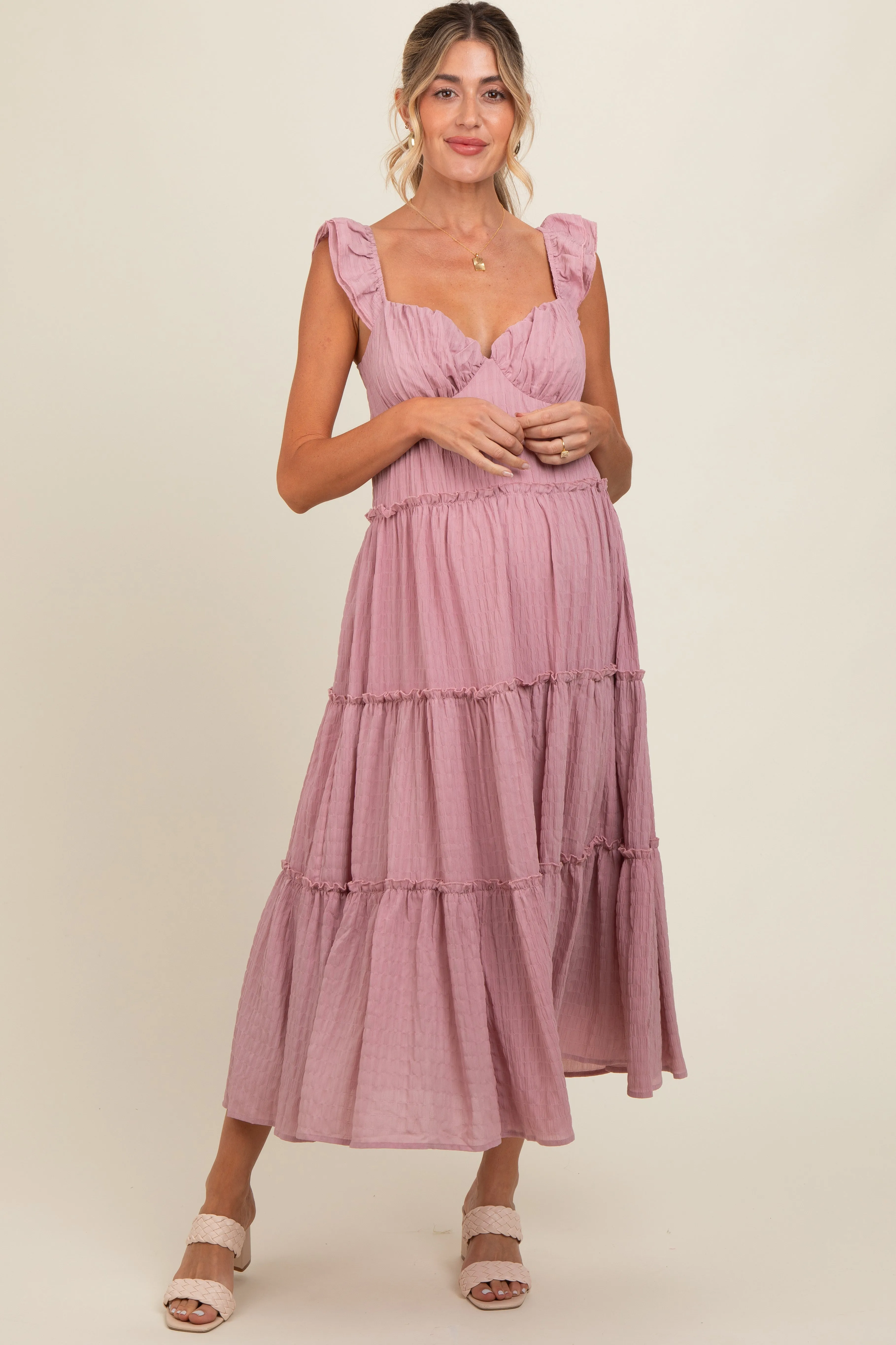 Pink Textured Tiered Maternity Midi Dress sold by Pinkblush product image thumbnail 2