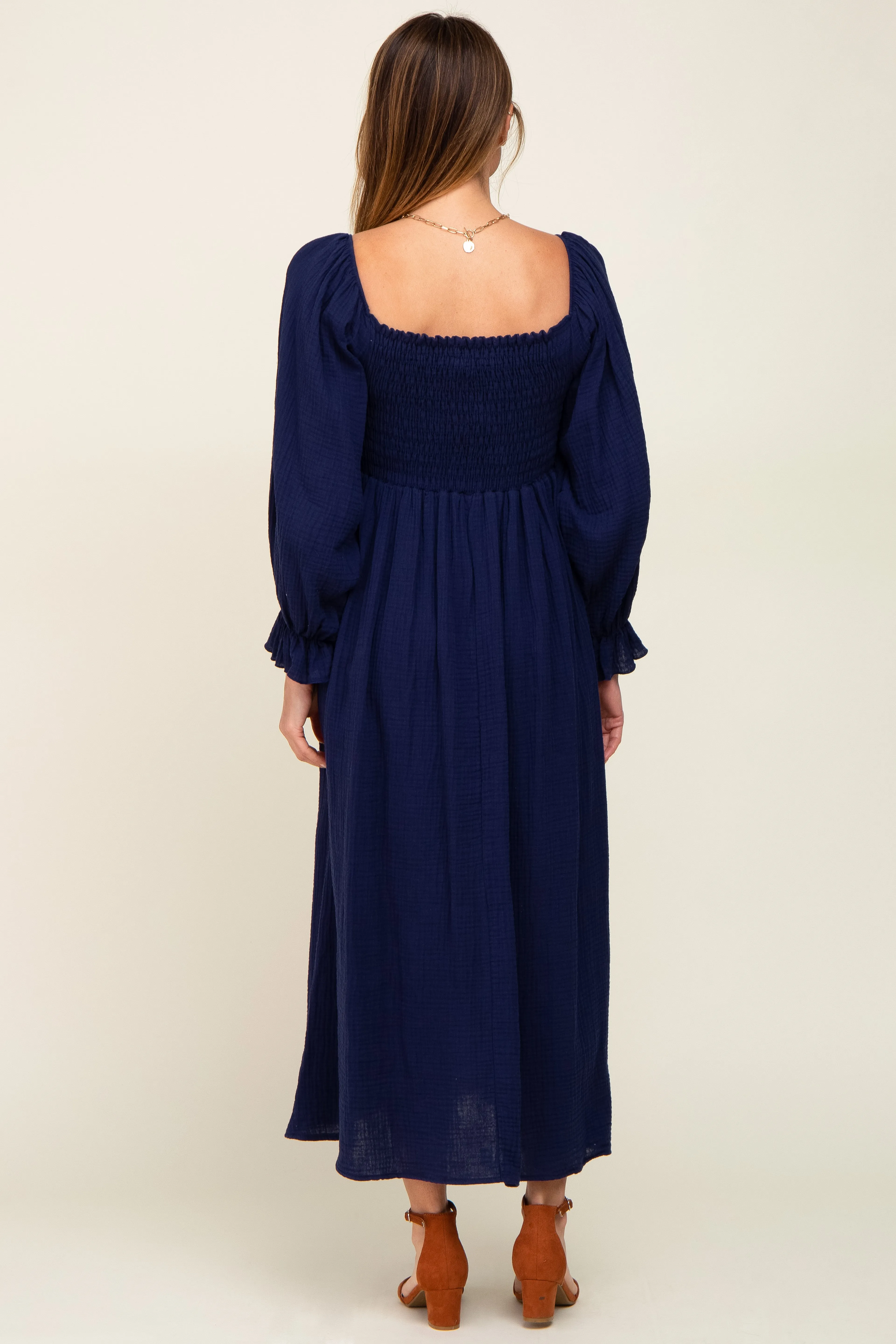 Navy Gauze Smocked Midi Dress sold by Pinkblush product image thumbnail 3