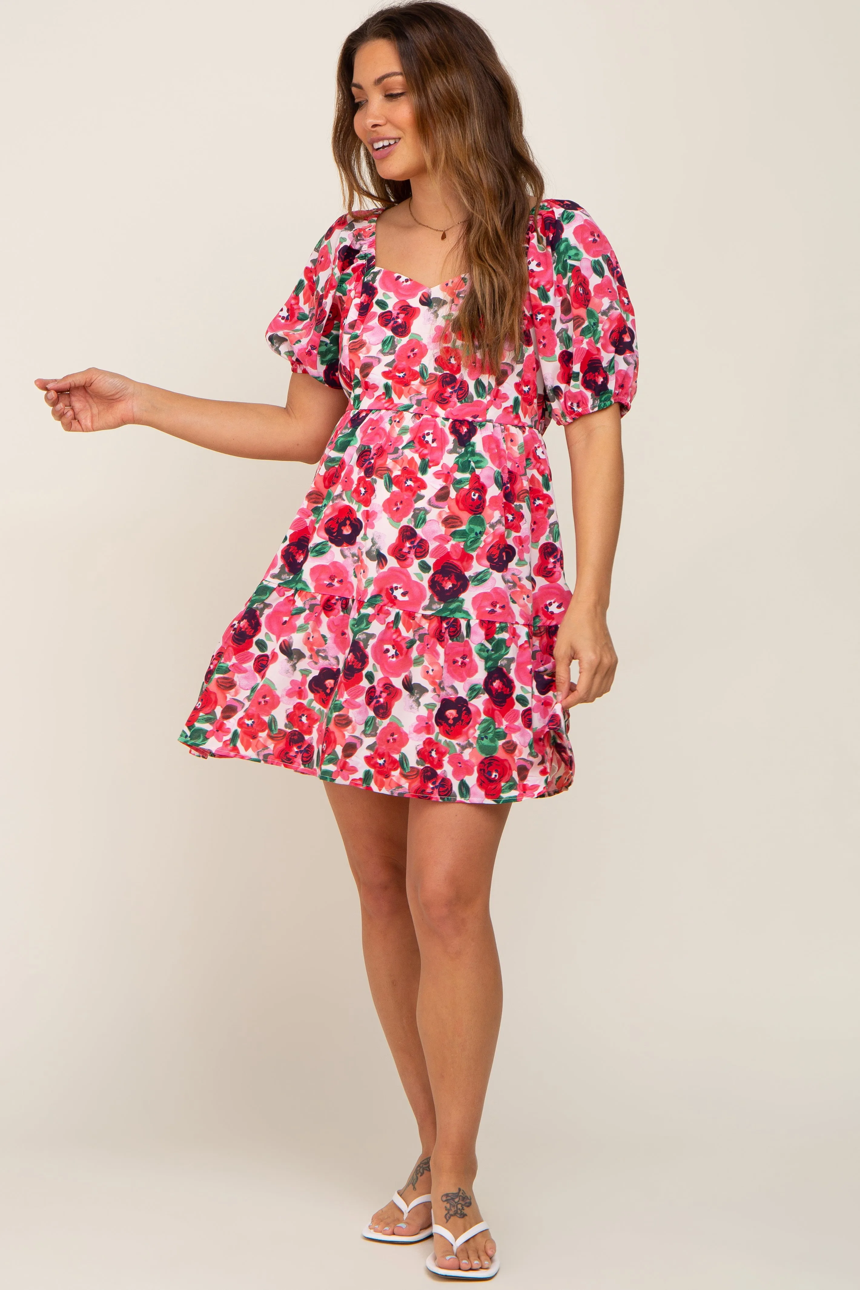 Pink Floral Sweetheart Neck Short Puff Sleeve Maternity Dress sold by Pinkblush product image thumbnail 4