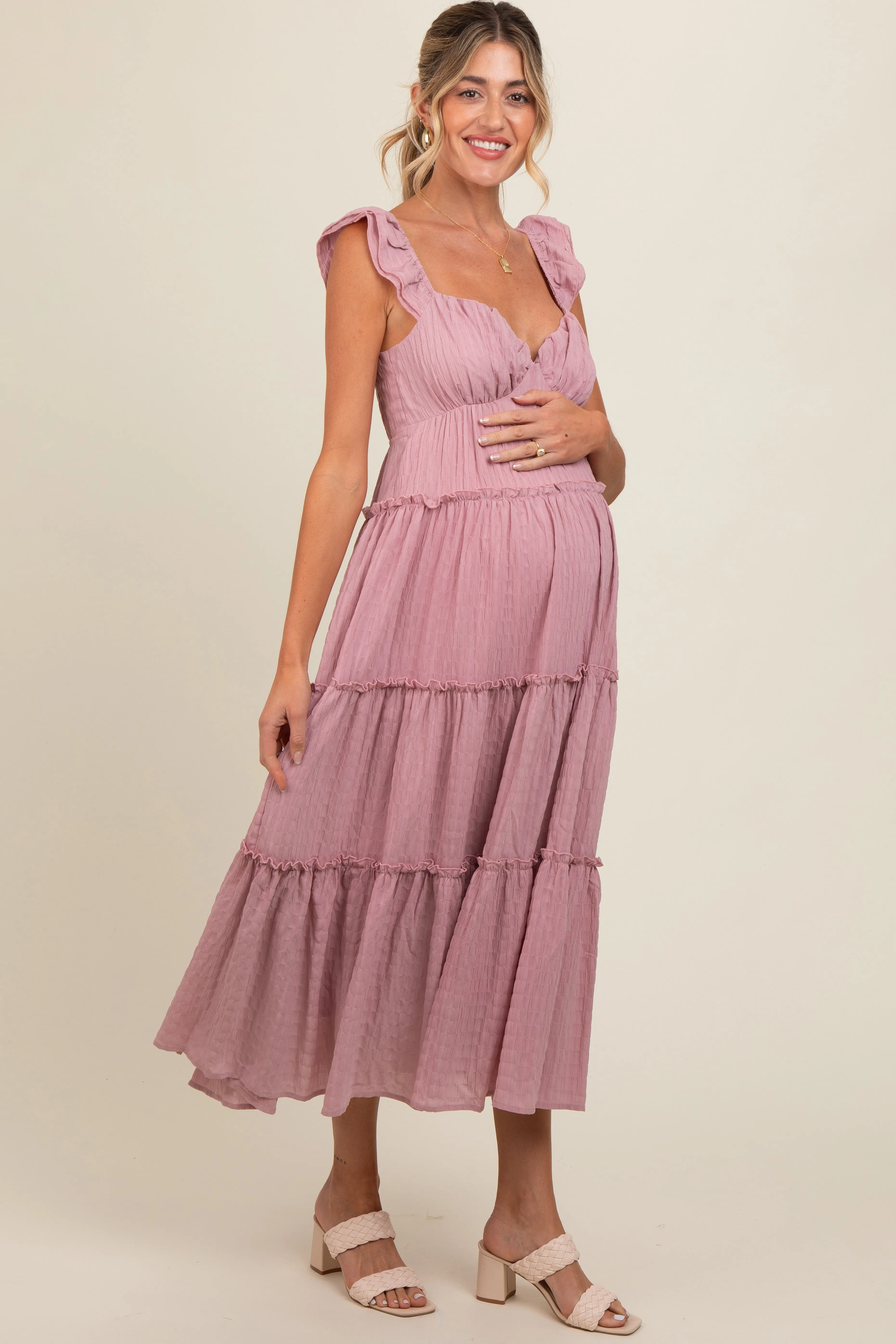 Pink Textured Tiered Maternity Midi Dress sold by Pinkblush product image thumbnail 3