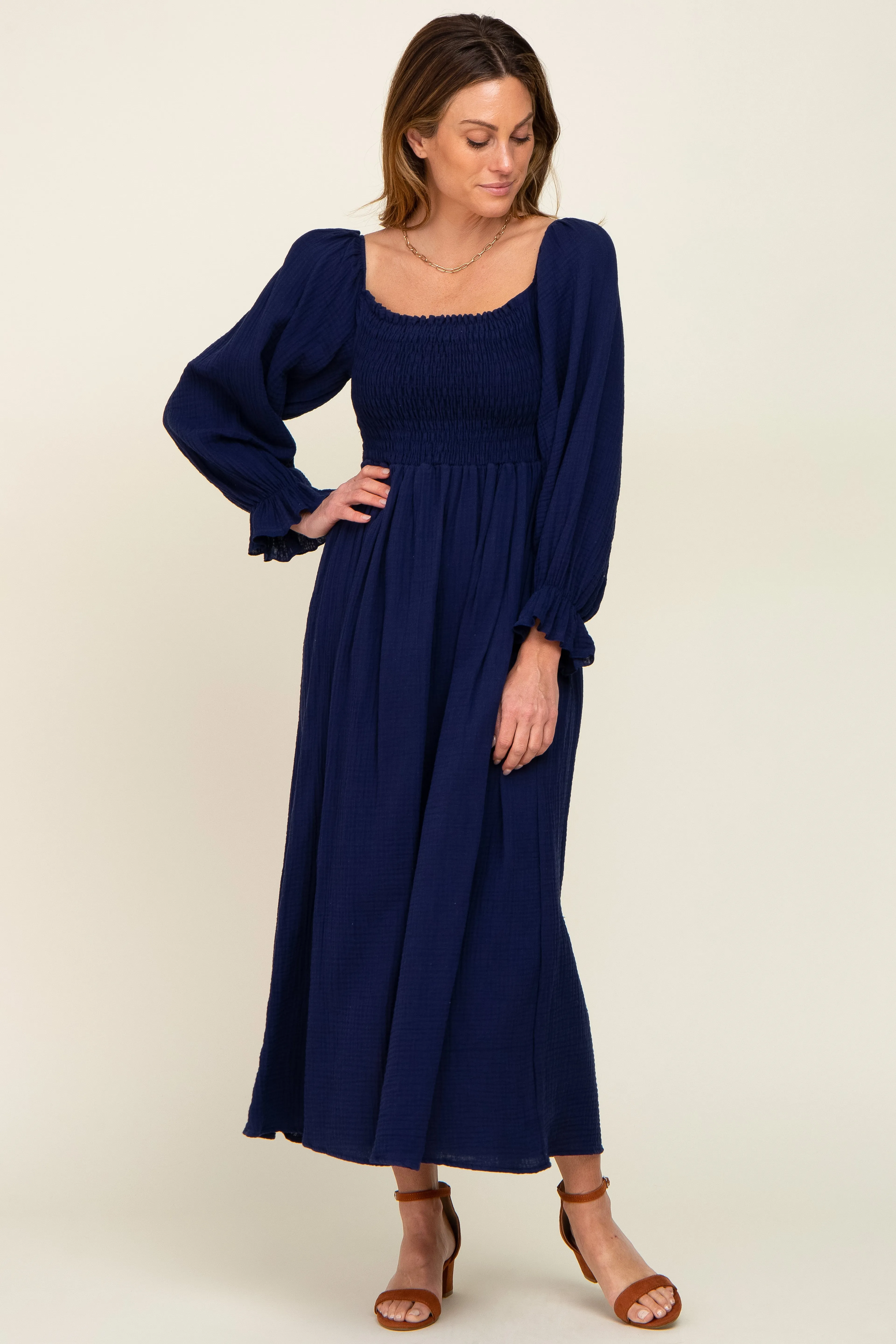 Navy Gauze Smocked Midi Dress sold by Pinkblush product image thumbnail 4