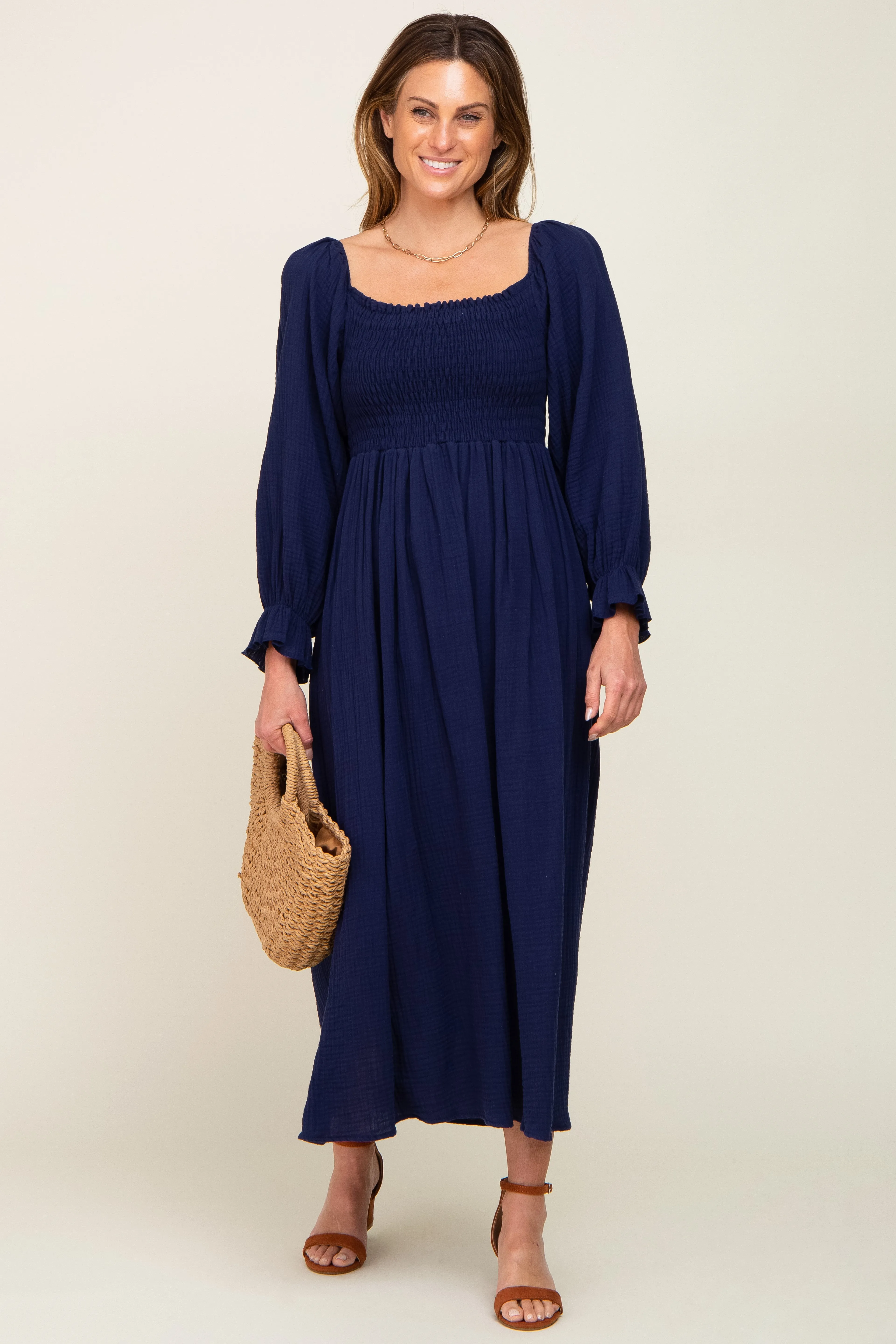 Navy Gauze Smocked Midi Dress sold by Pinkblush