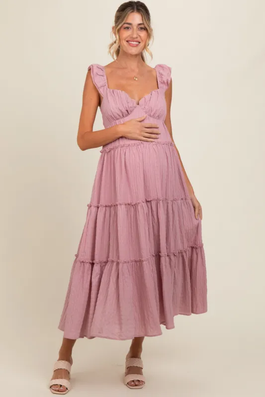 Pink Textured Tiered Maternity Midi Dress sold by Pinkblush