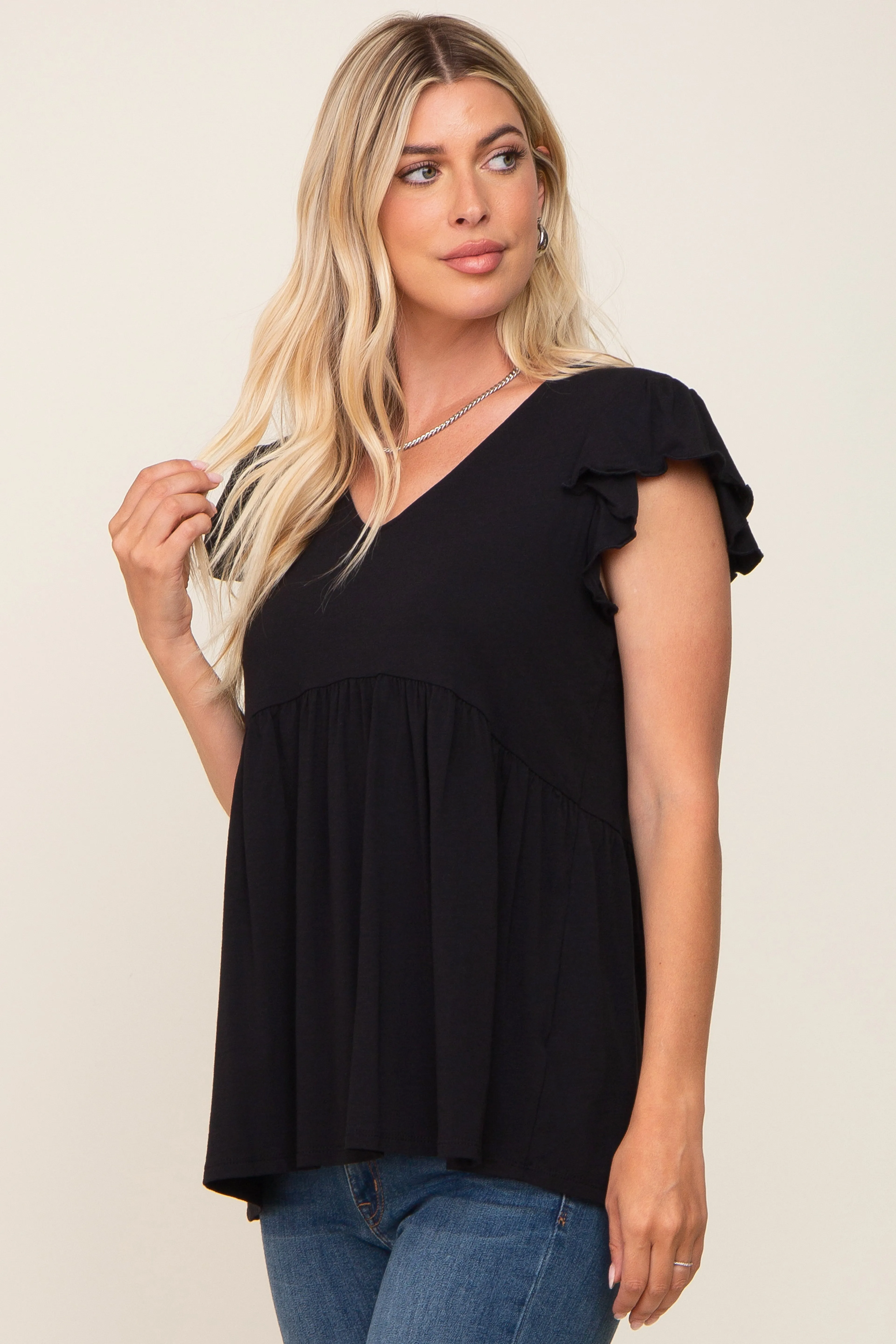 Black Flutter Sleeve V-Neck Top sold by Pinkblush product image thumbnail 2