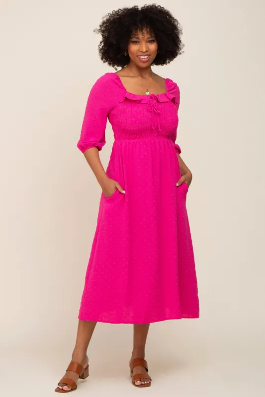Fuchsia Swiss Dot 3/4 Sleeve Midi Dress sold by Pinkblush