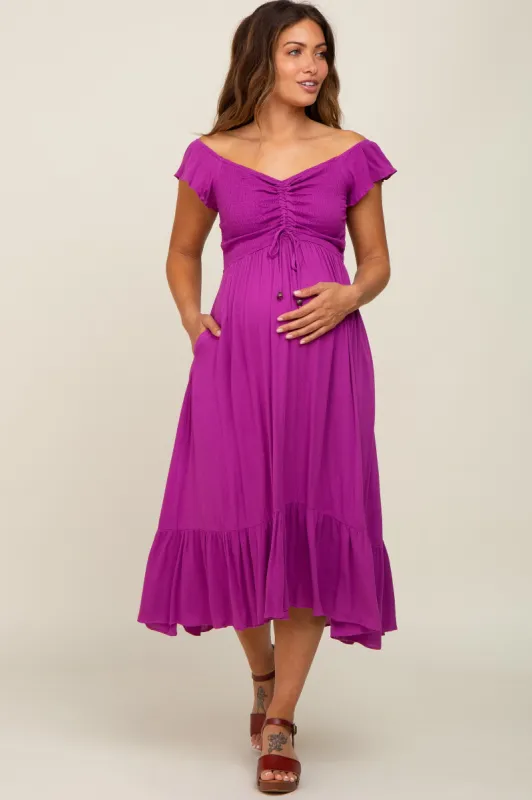 Magenta Smocked Ruched Ruffle Hem Maternity Maxi Dress sold by Pinkblush