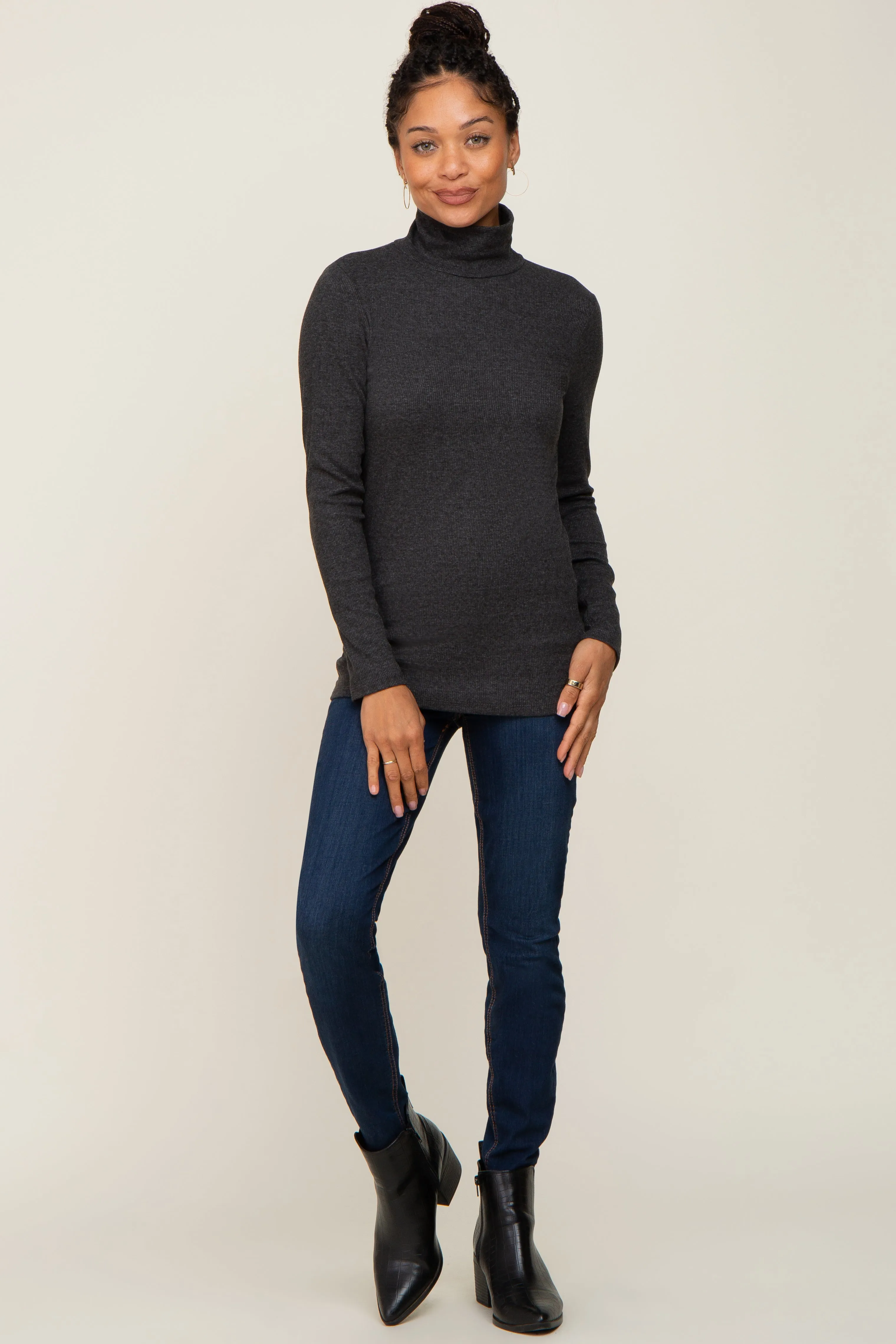 Charcoal Heathered Ribbed Mock Neck Long Sleeve Top sold by Pinkblush product image thumbnail 4