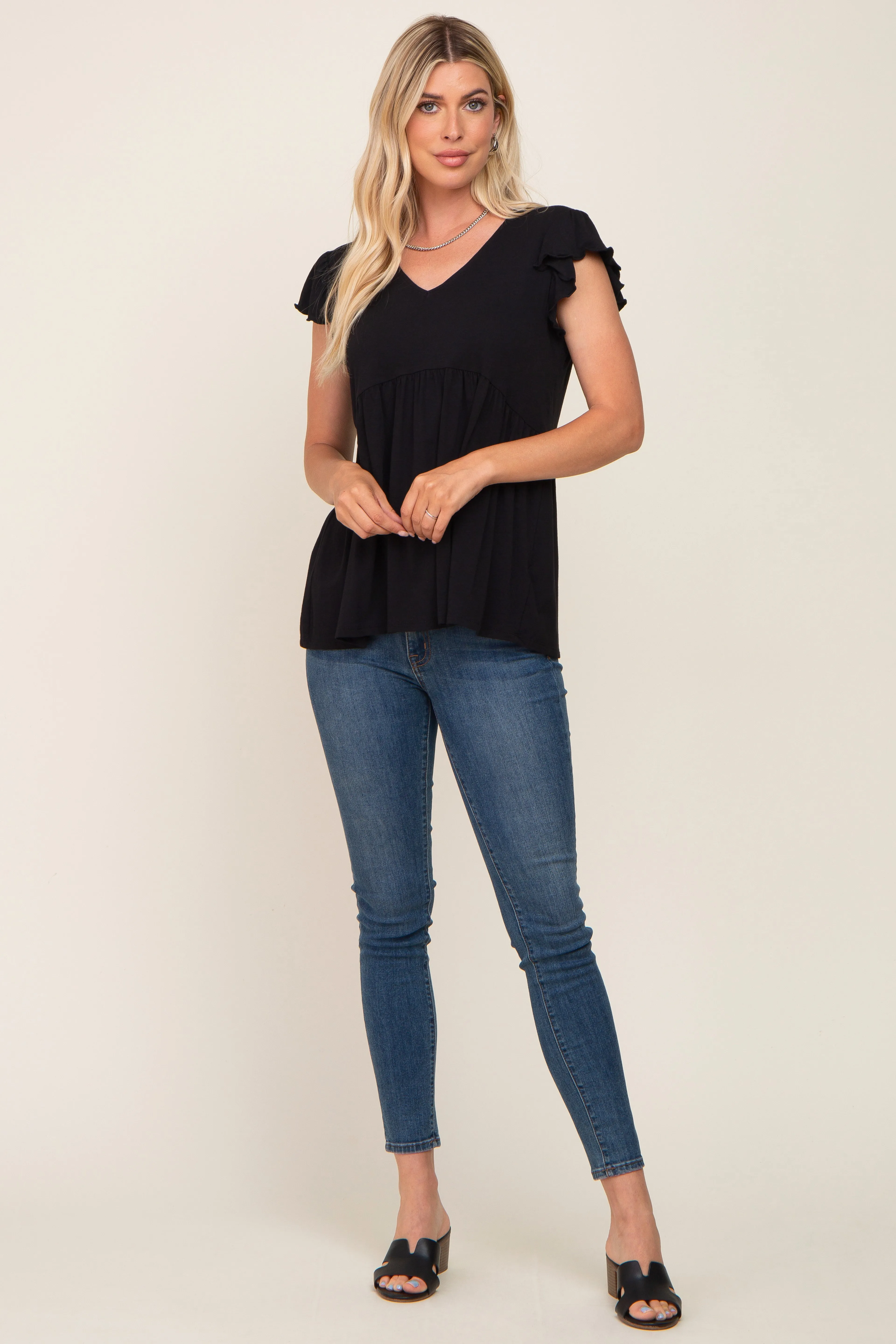 Black Flutter Sleeve V-Neck Top sold by Pinkblush product image thumbnail 4