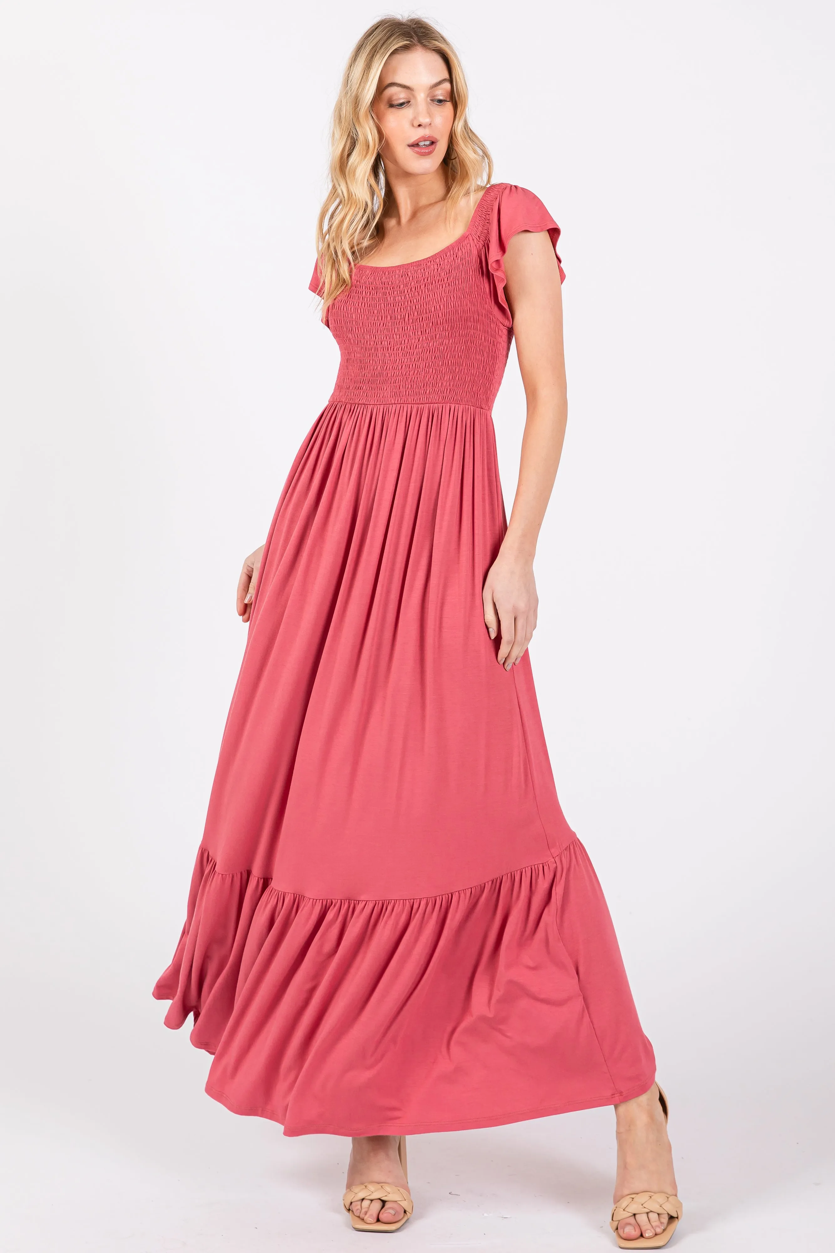 Magenta Smocked Ruffle Hem Maxi Dress sold by Pinkblush