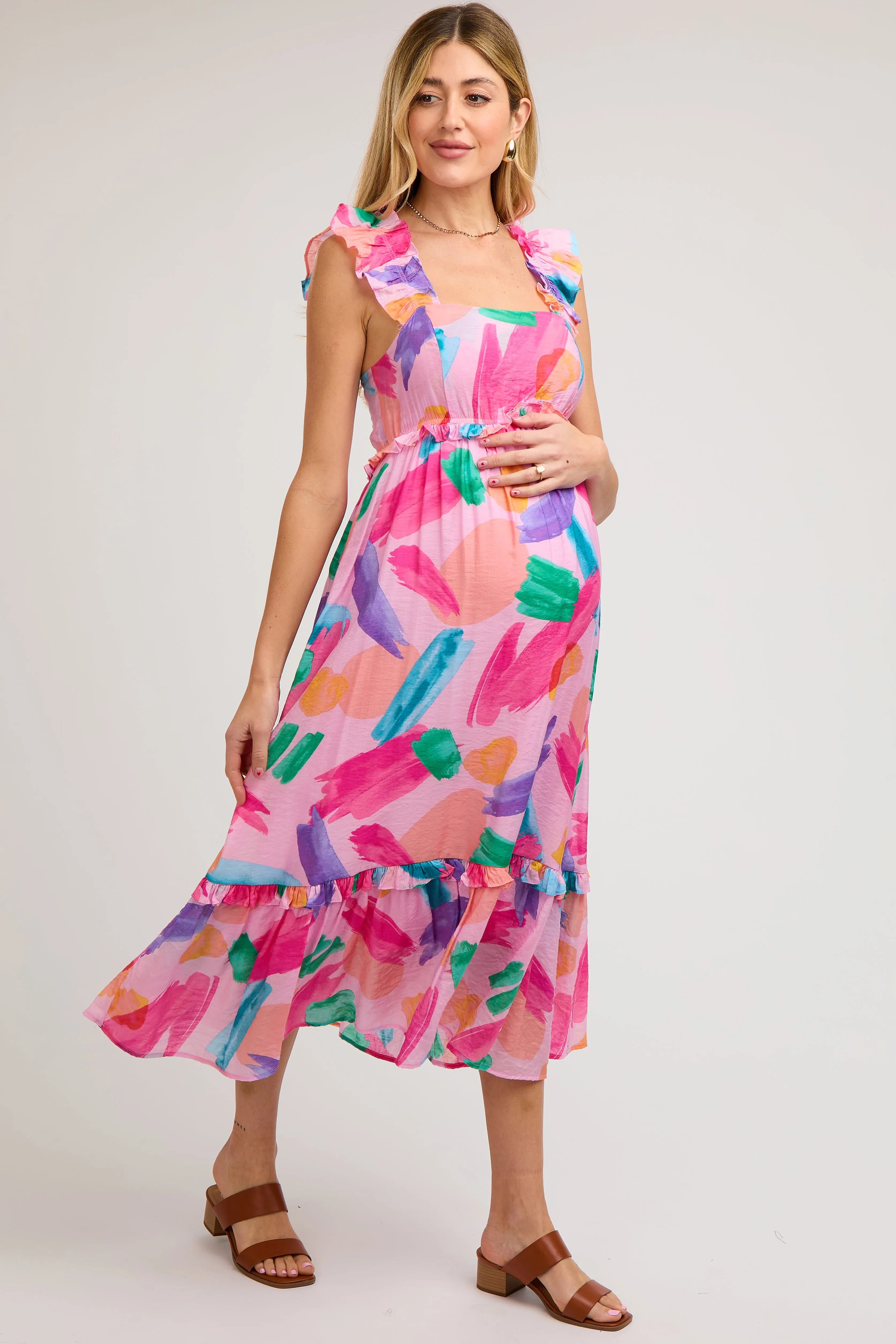 Pink Watercolor Print Ruffle Accent Maternity Midi Dress sold by Pinkblush product image thumbnail 3