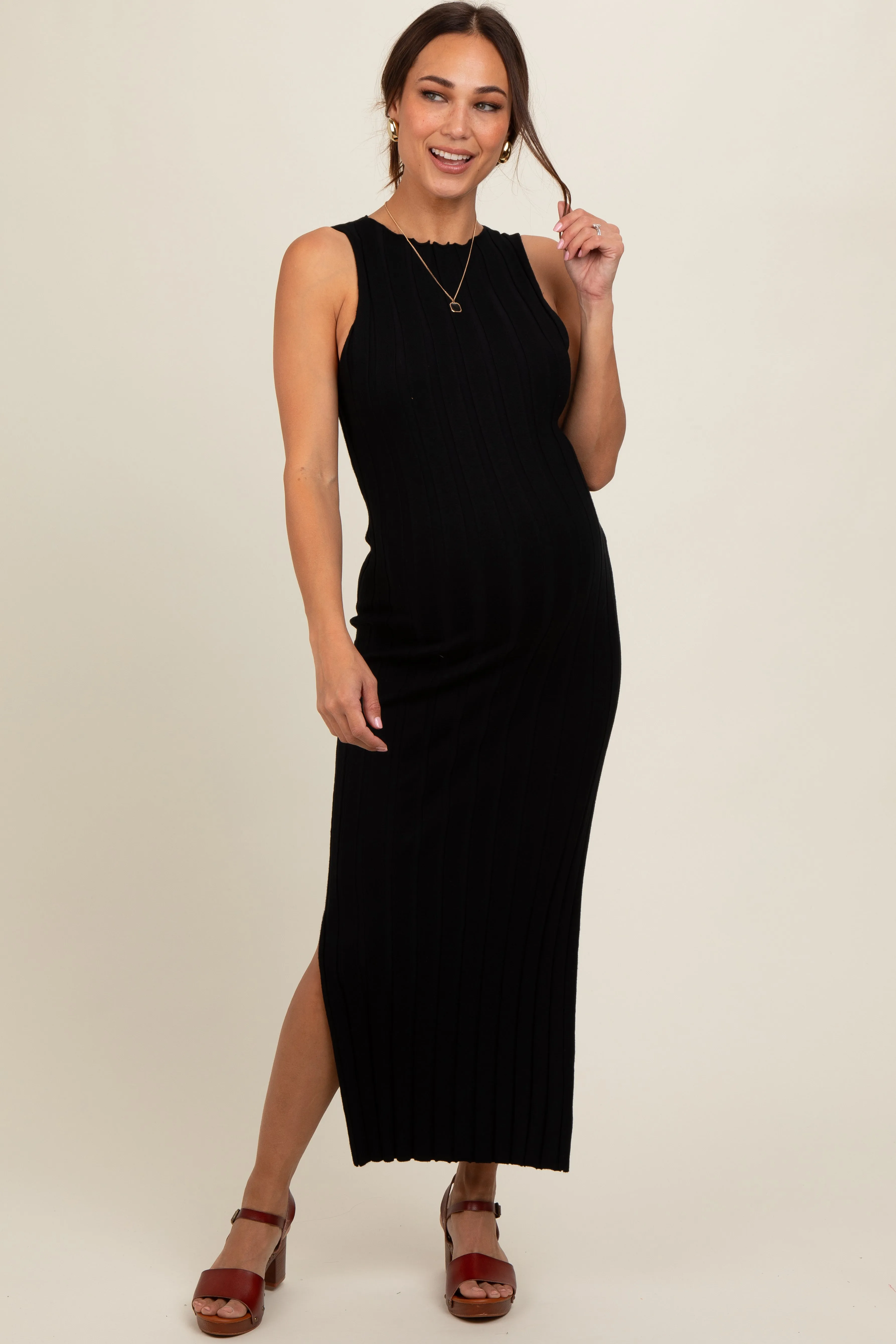 Black Sleeveless Knit Side Slit Maternity Midi Dress sold by Pinkblush