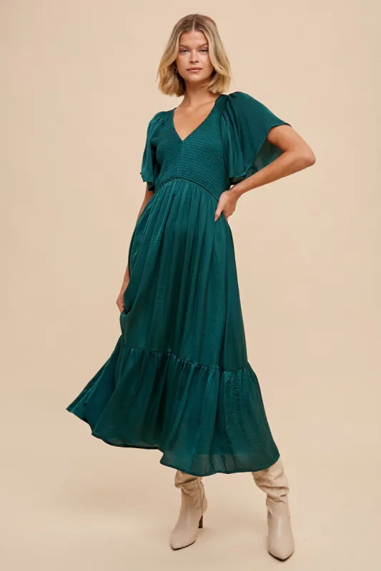 Olive Satin Smocked Midi Dress sold by Pinkblush
