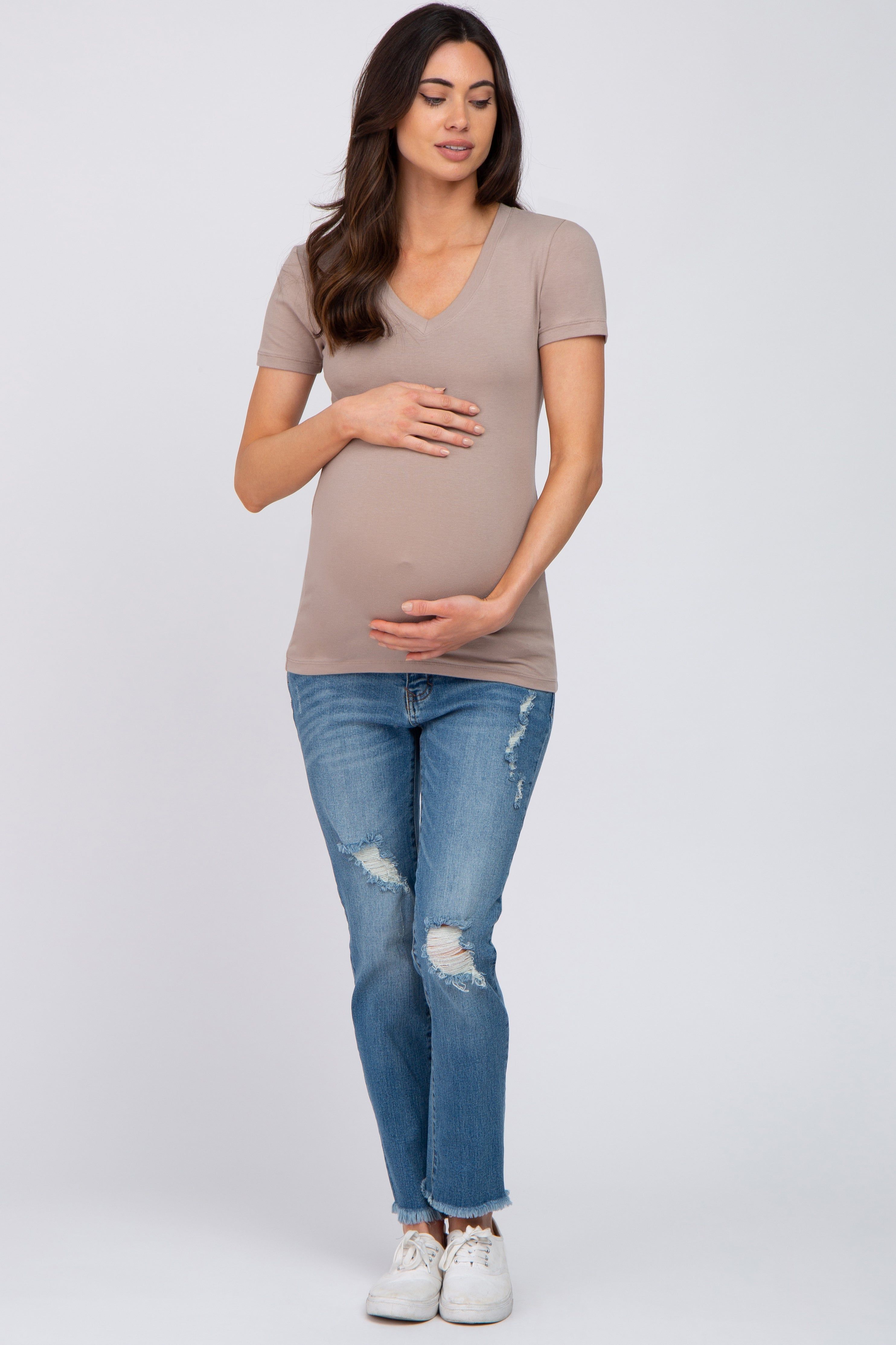 Taupe V-Neck Short Sleeve Maternity Top sold by Pinkblush product image thumbnail 4