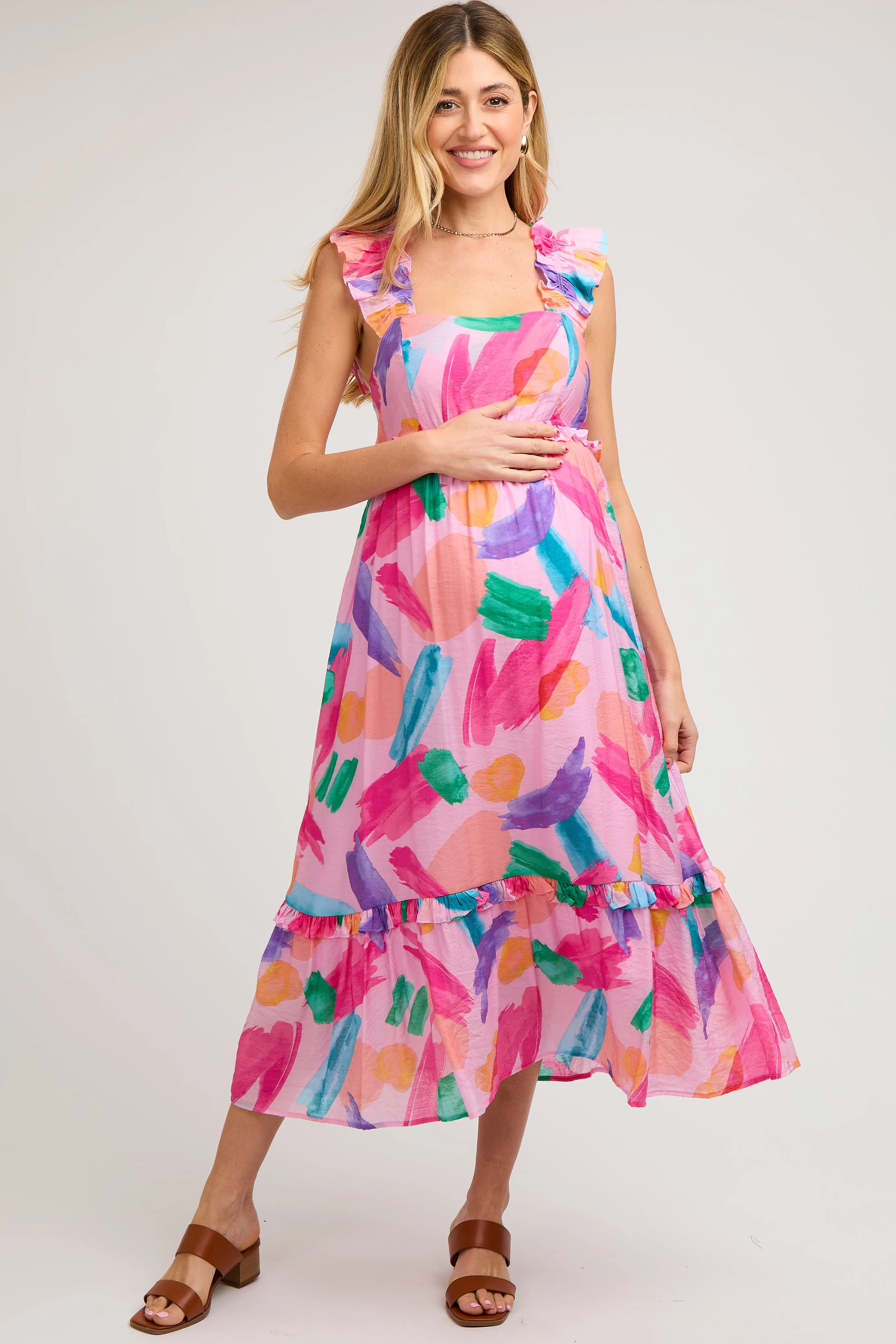 Pink Watercolor Print Ruffle Accent Maternity Midi Dress sold by Pinkblush