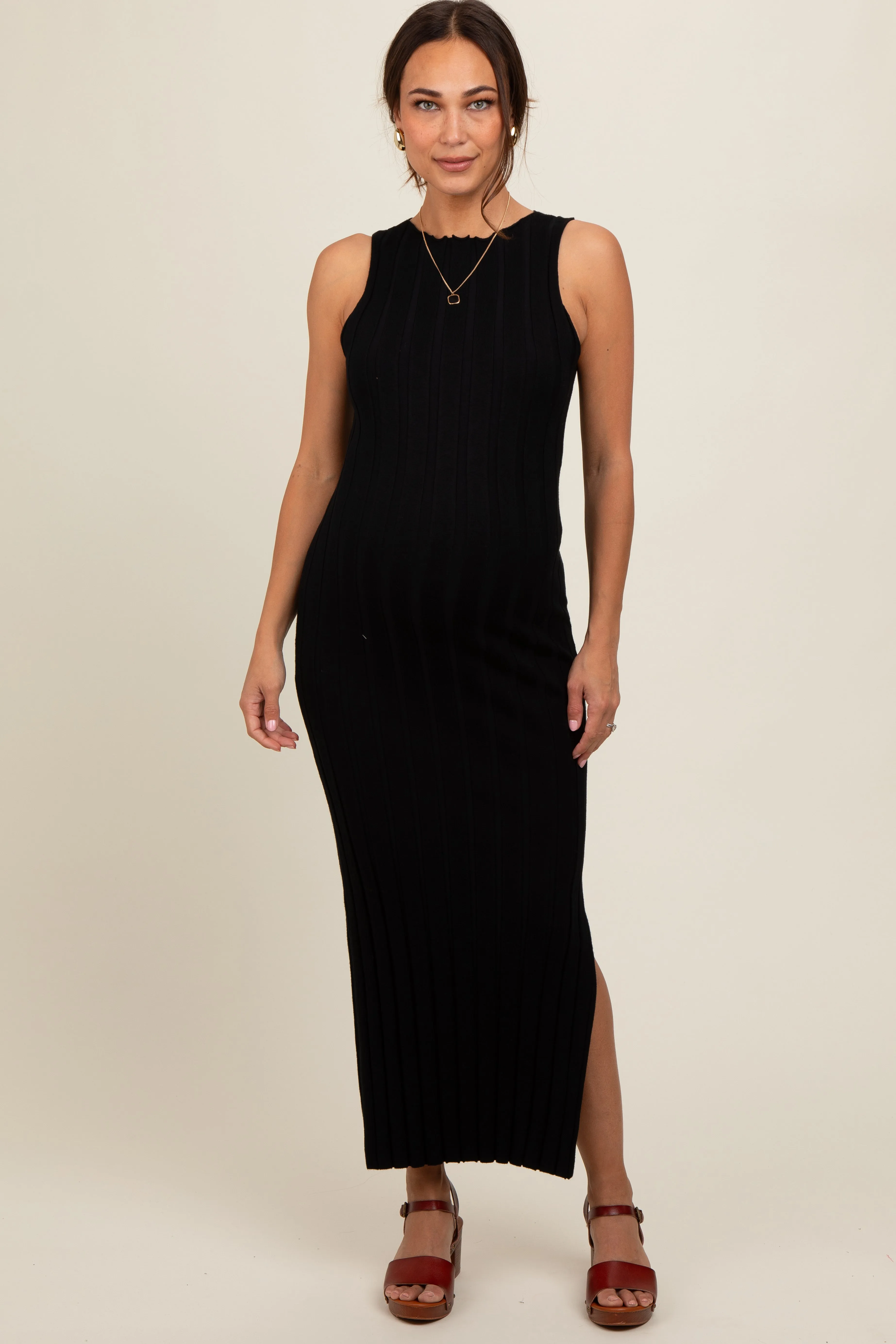 Black Sleeveless Knit Side Slit Maternity Midi Dress sold by Pinkblush product image thumbnail 2