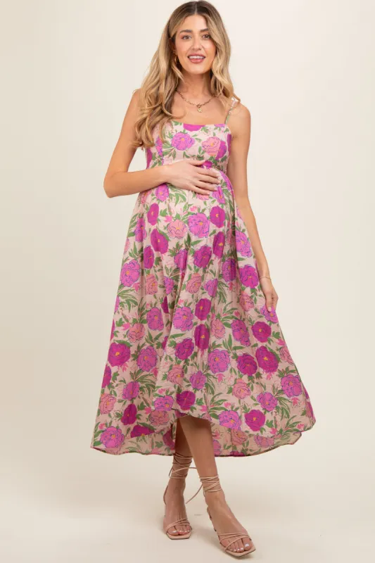 Pink Floral Hi-Lo Sleeveless Maternity Midi Dress sold by Pinkblush
