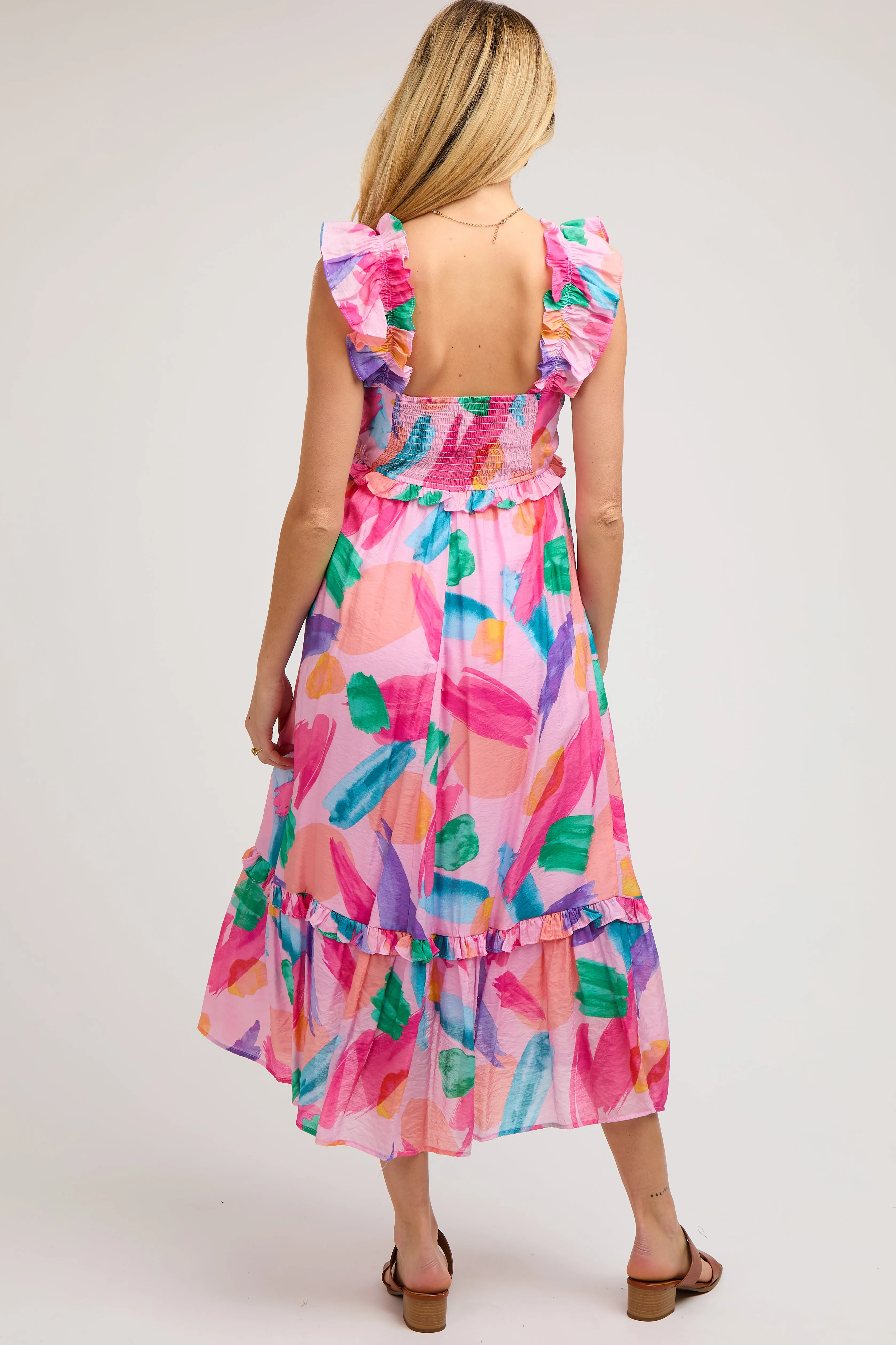 Pink Watercolor Print Ruffle Accent Maternity Midi Dress sold by Pinkblush product image thumbnail 4