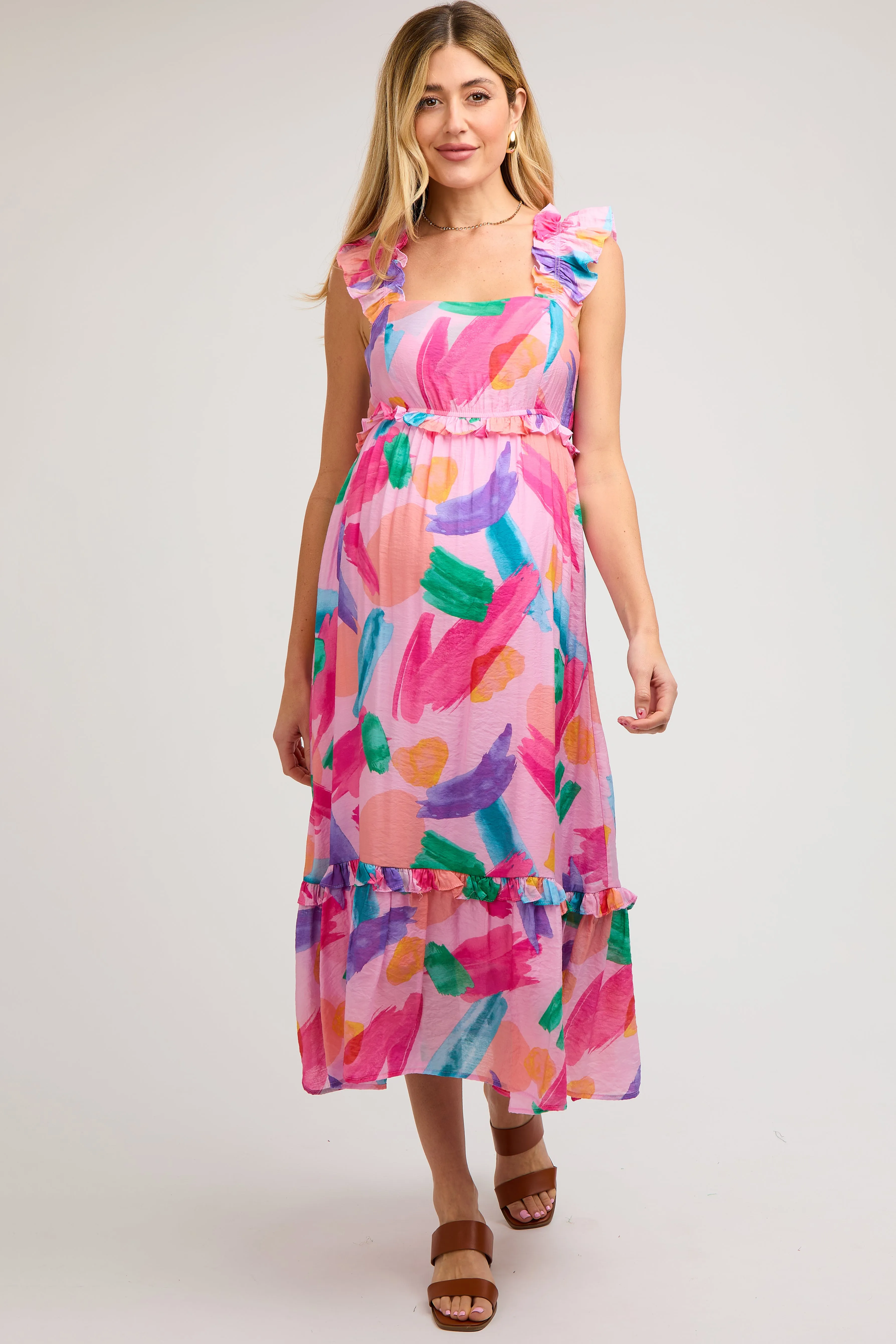 Pink Watercolor Print Ruffle Accent Maternity Midi Dress sold by Pinkblush product image thumbnail 2