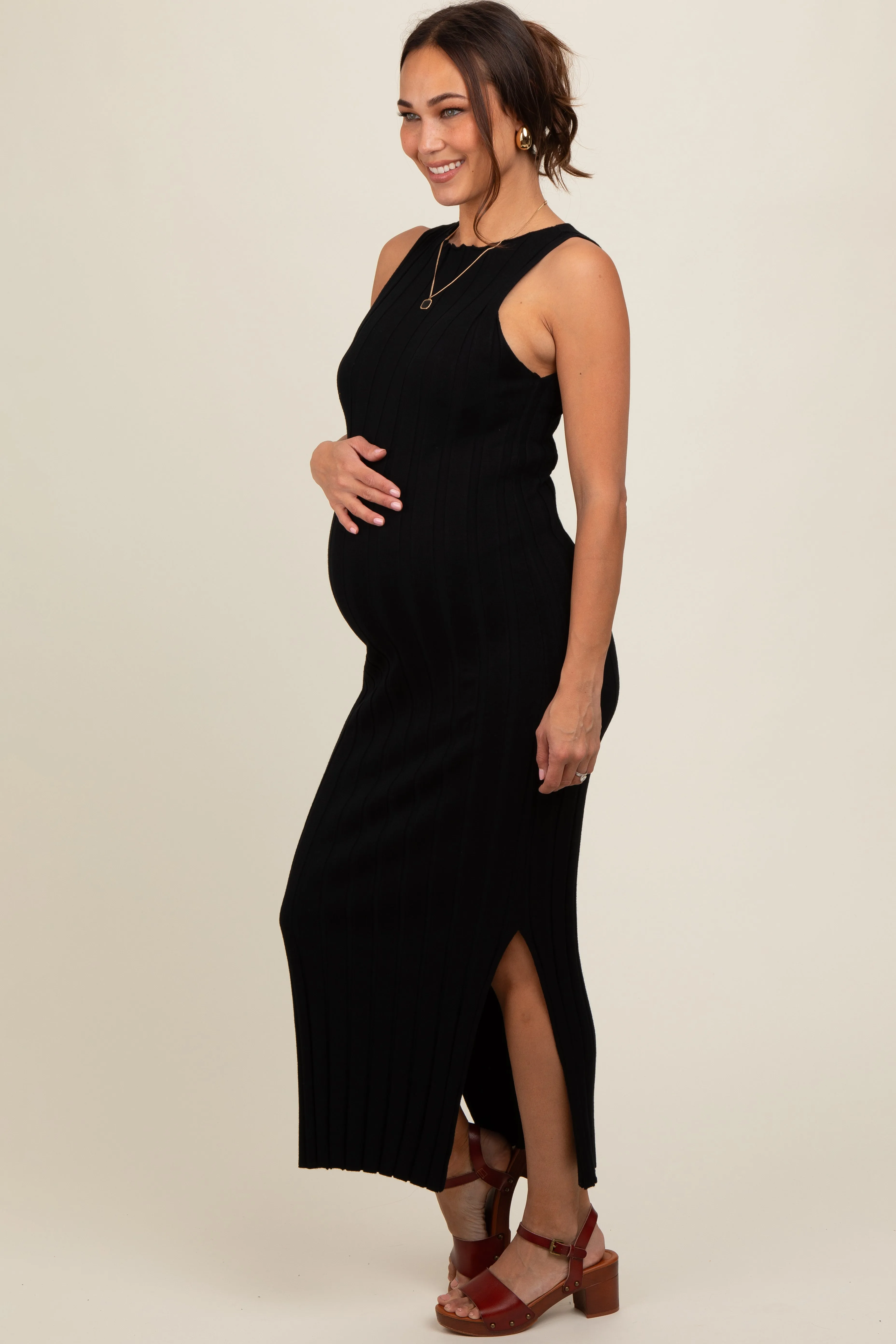 Black Sleeveless Knit Side Slit Maternity Midi Dress sold by Pinkblush product image thumbnail 3