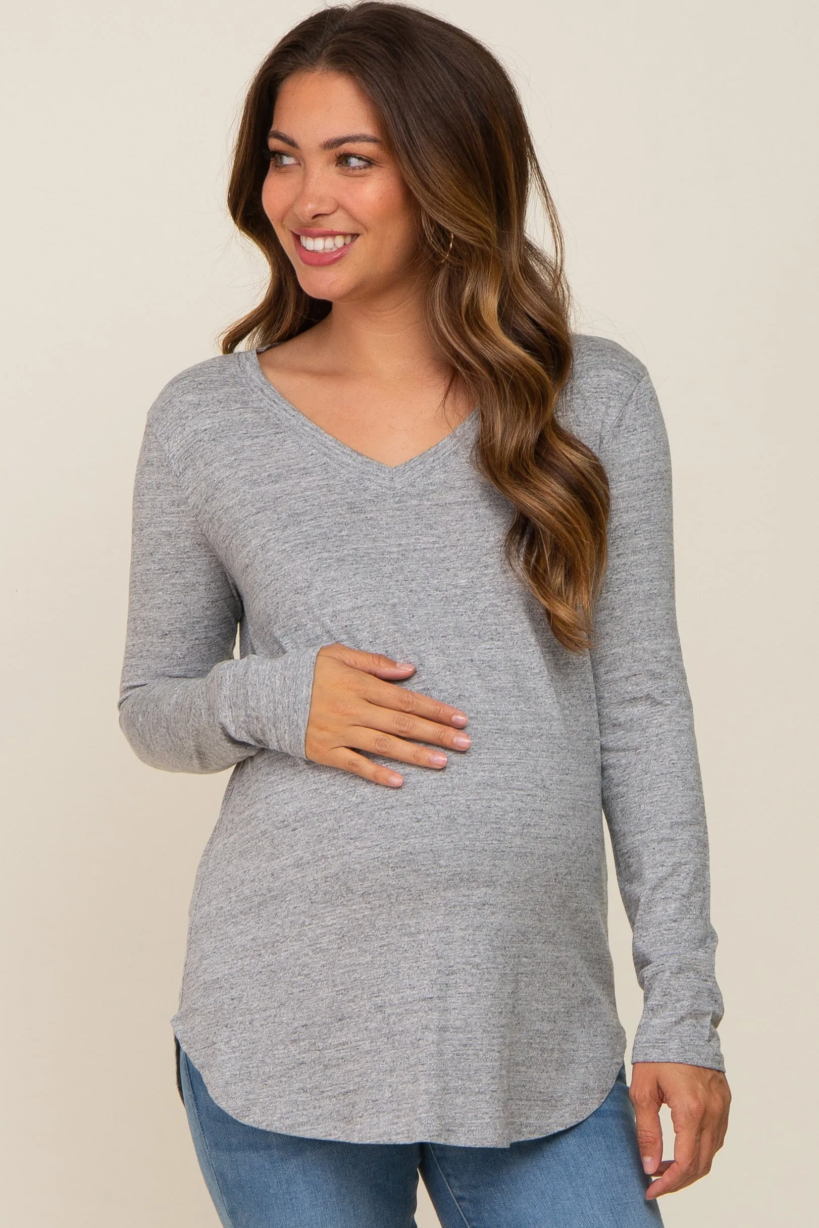 Heather Grey Long Sleeve Maternity Top sold by Pinkblush