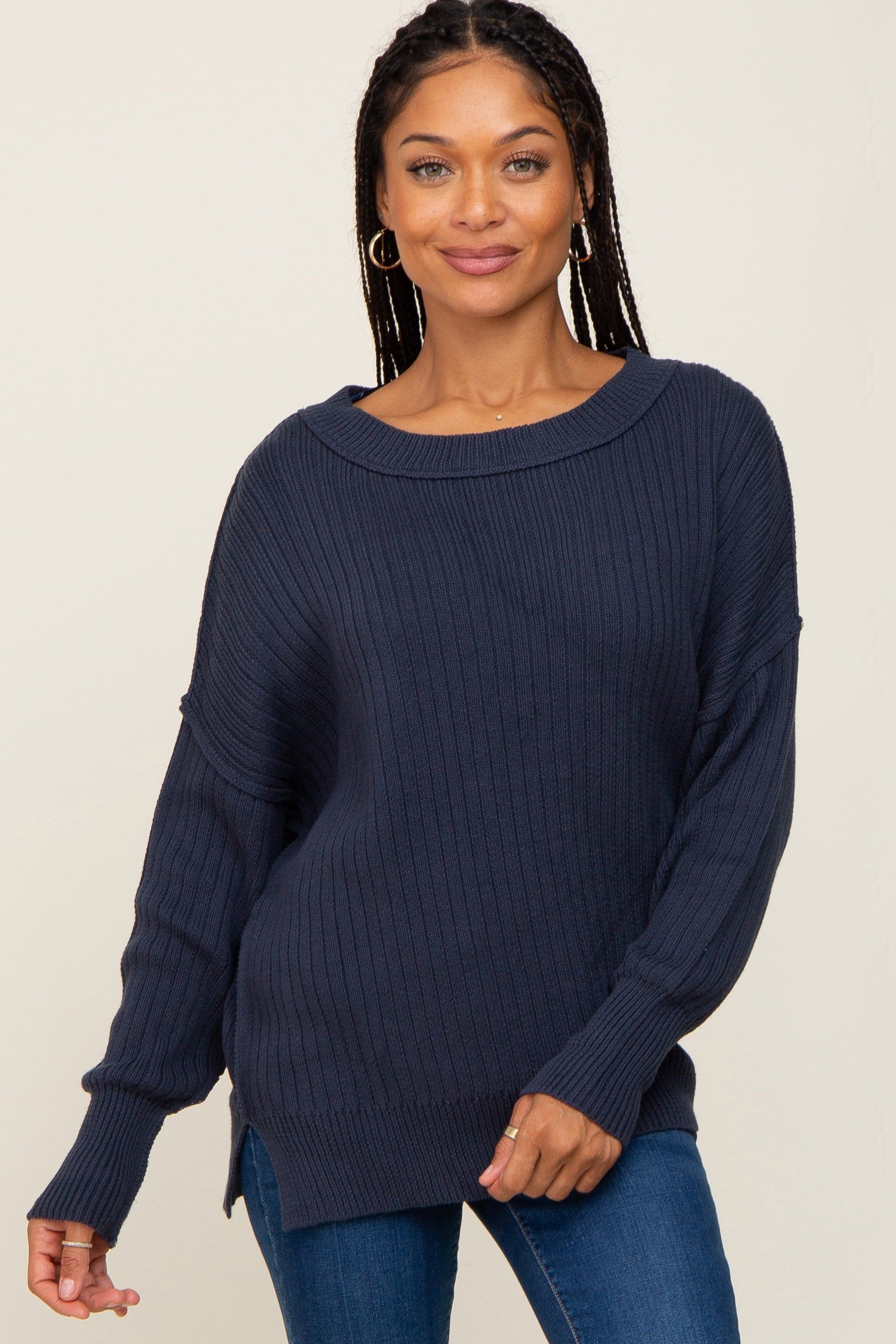 Navy Blue Ribbed Sweater sold by Pinkblush