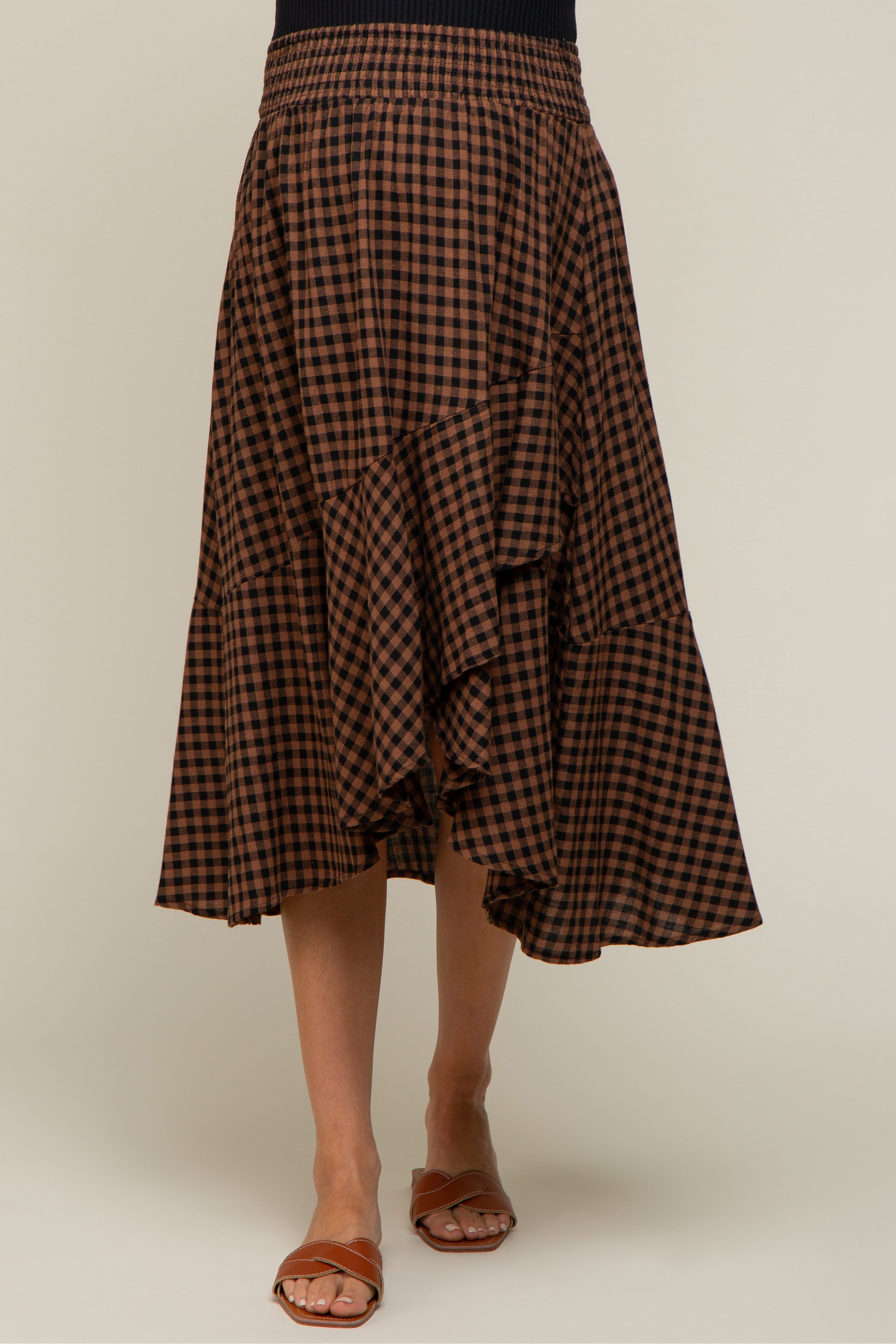Brown Plaid Ruffle Maternity Midi Skirt sold by Pinkblush product image thumbnail 2