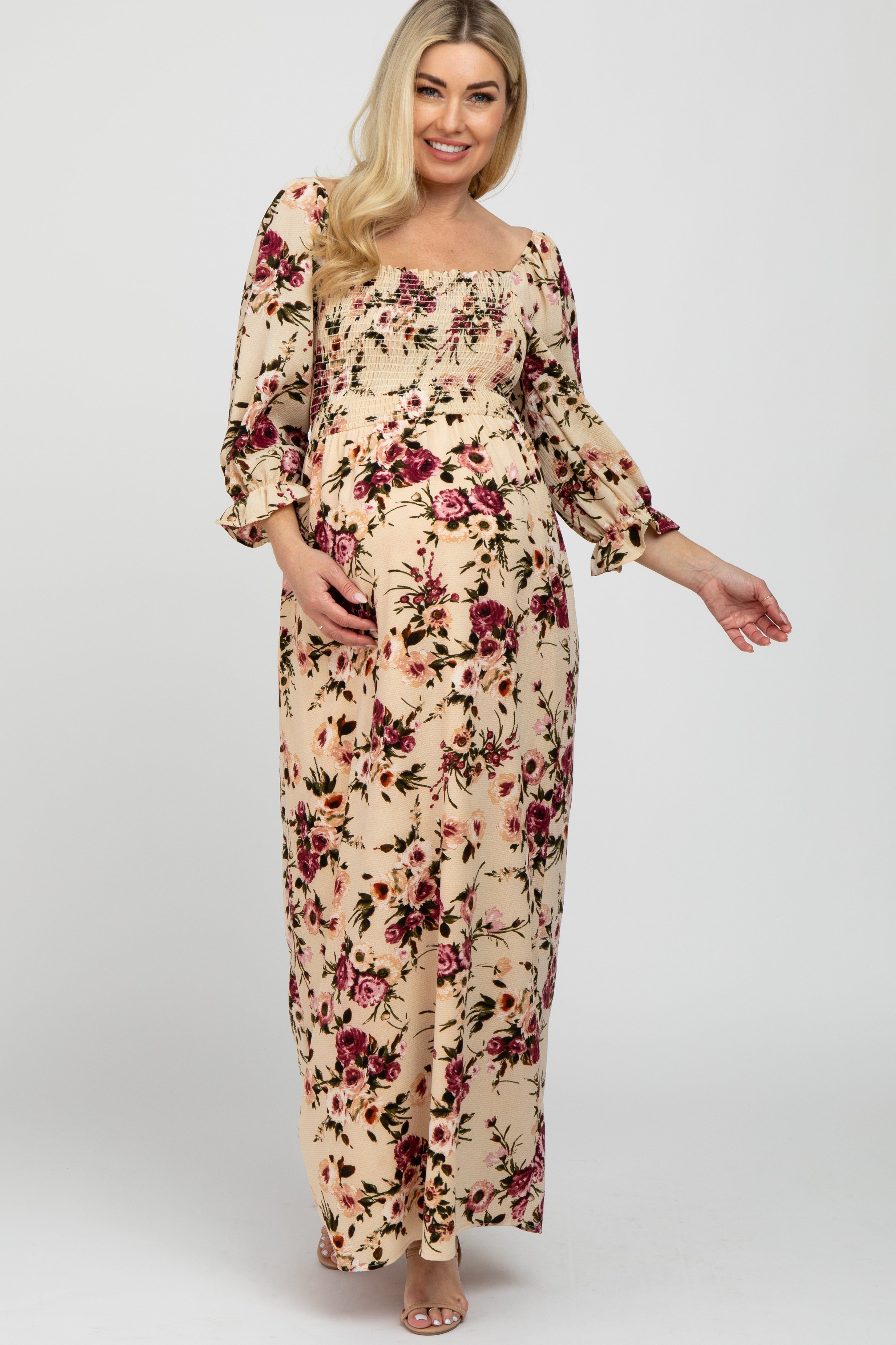 Ivory Floral Smocked Bust Maternity Maxi Dress sold by Pinkblush