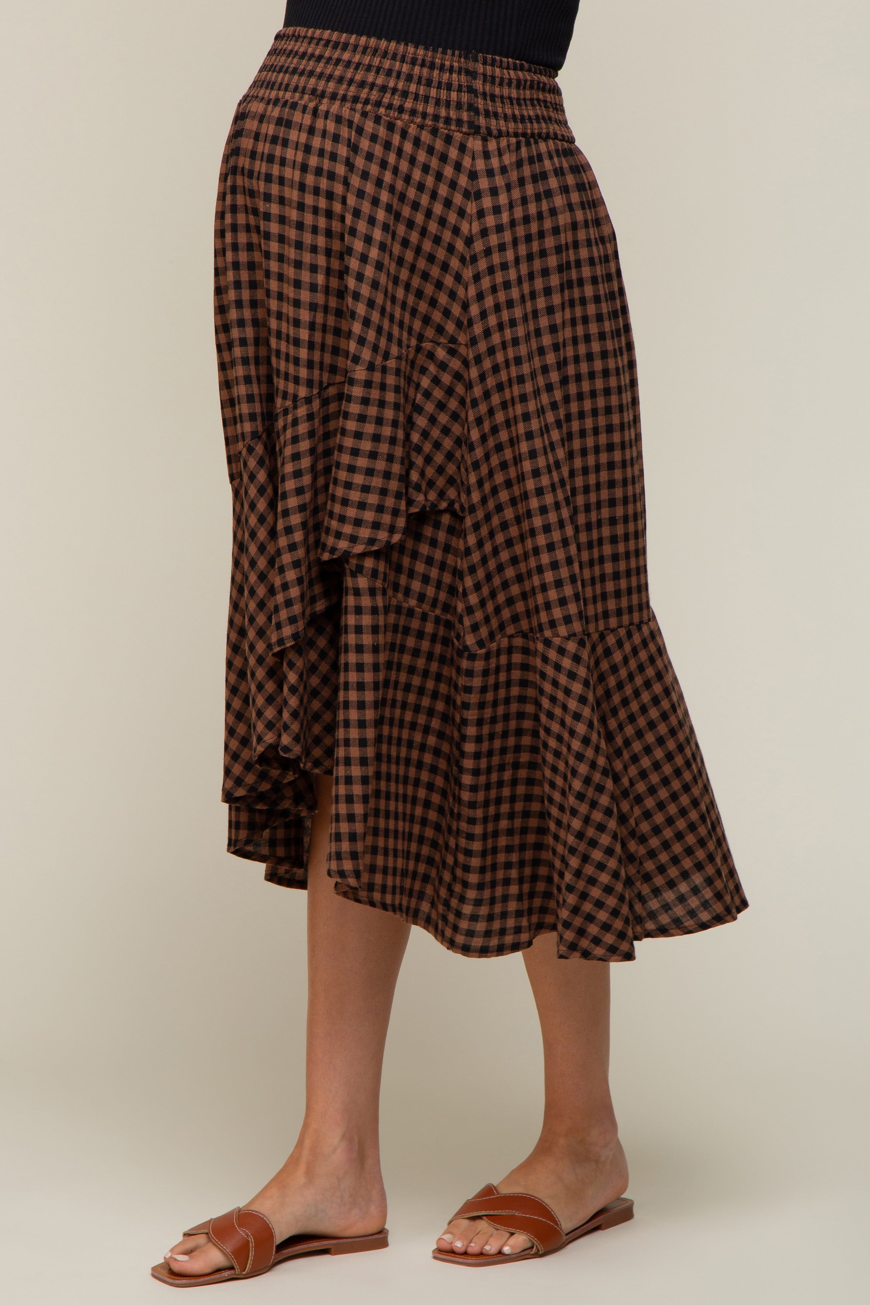 Brown Plaid Ruffle Maternity Midi Skirt sold by Pinkblush product image thumbnail 3