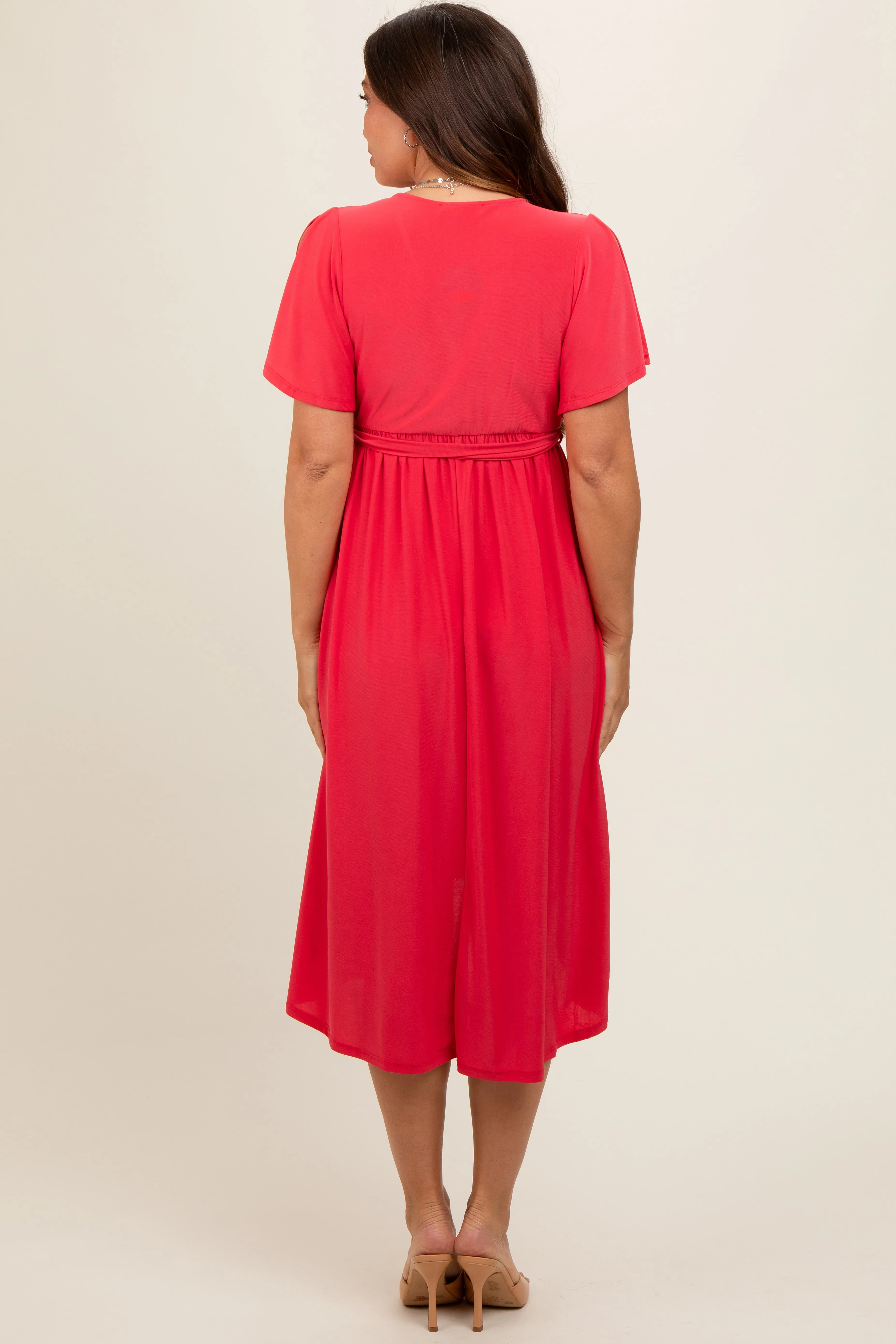 Coral Flutter Sleeve Waist Tie Maternity Nursing Dress sold by Pinkblush product image thumbnail 3