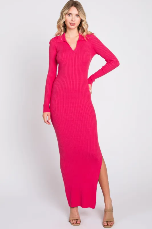 Pink Rib Knit Collared Maxi Dress sold by Pinkblush