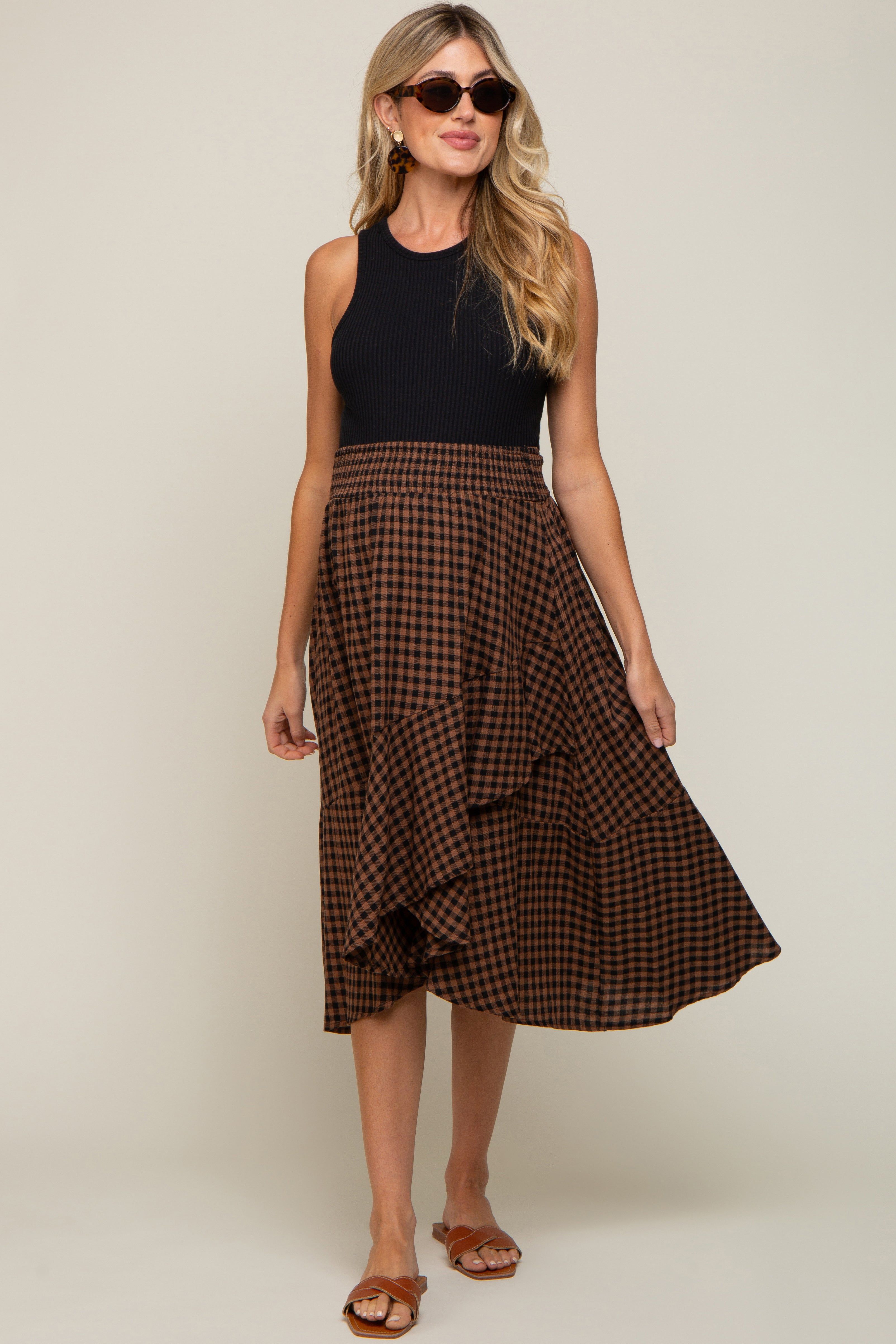 Brown Plaid Ruffle Maternity Midi Skirt sold by Pinkblush