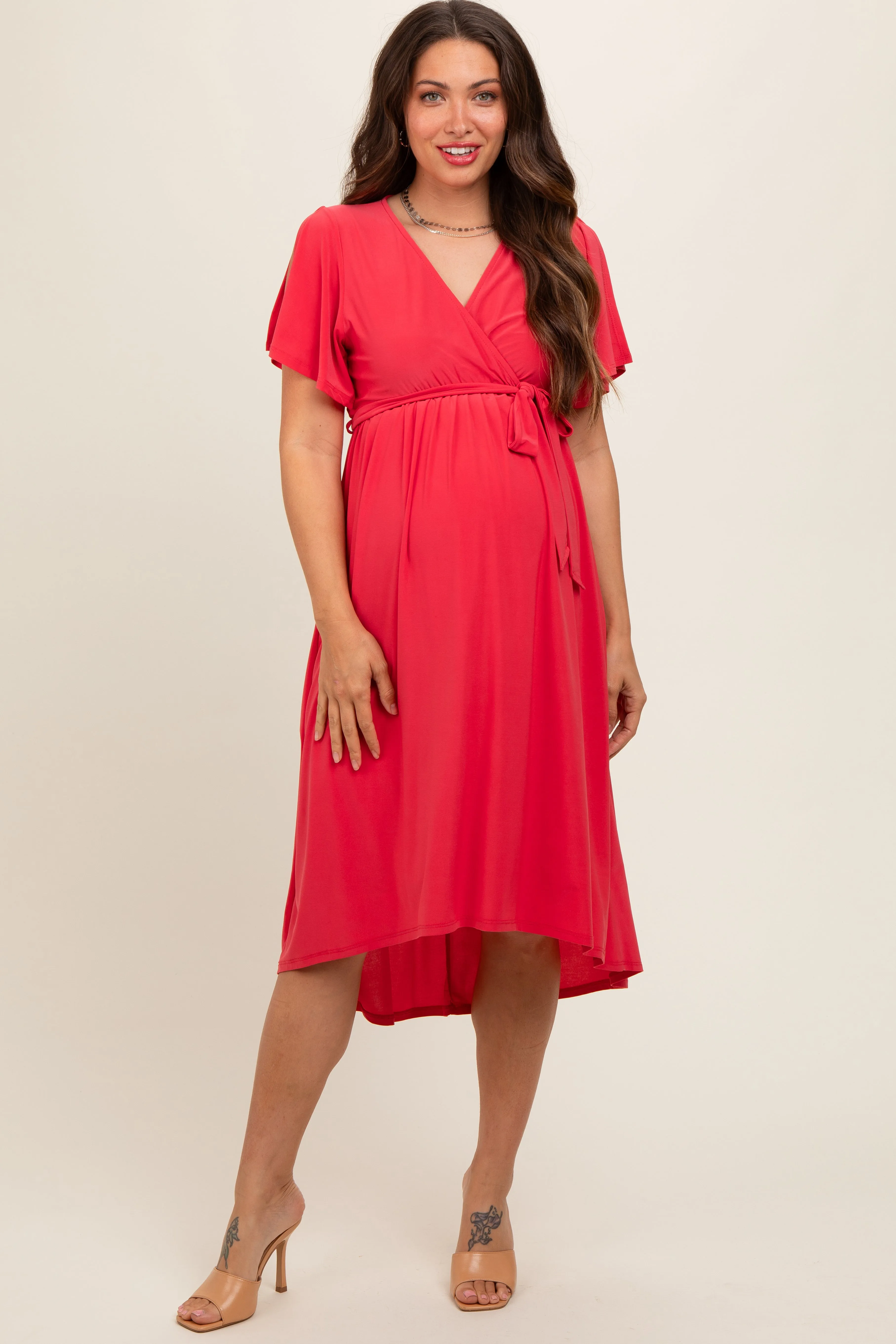 Coral Flutter Sleeve Waist Tie Maternity Nursing Dress sold by Pinkblush