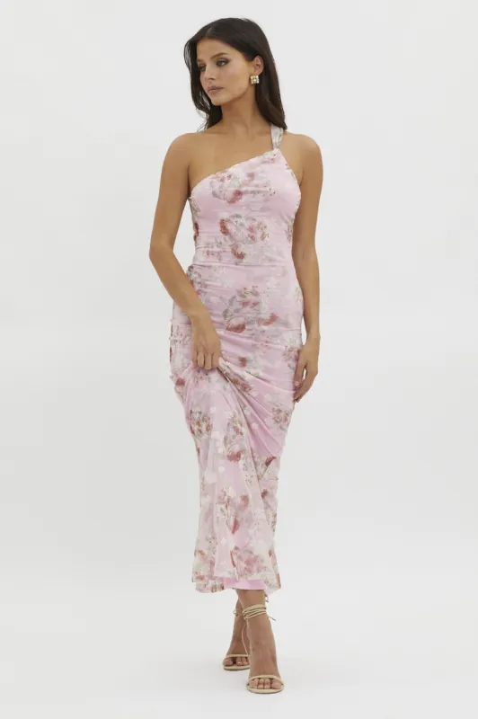 Pink Floral One Shoulder Cutout Midi Dress sold by Pinkblush