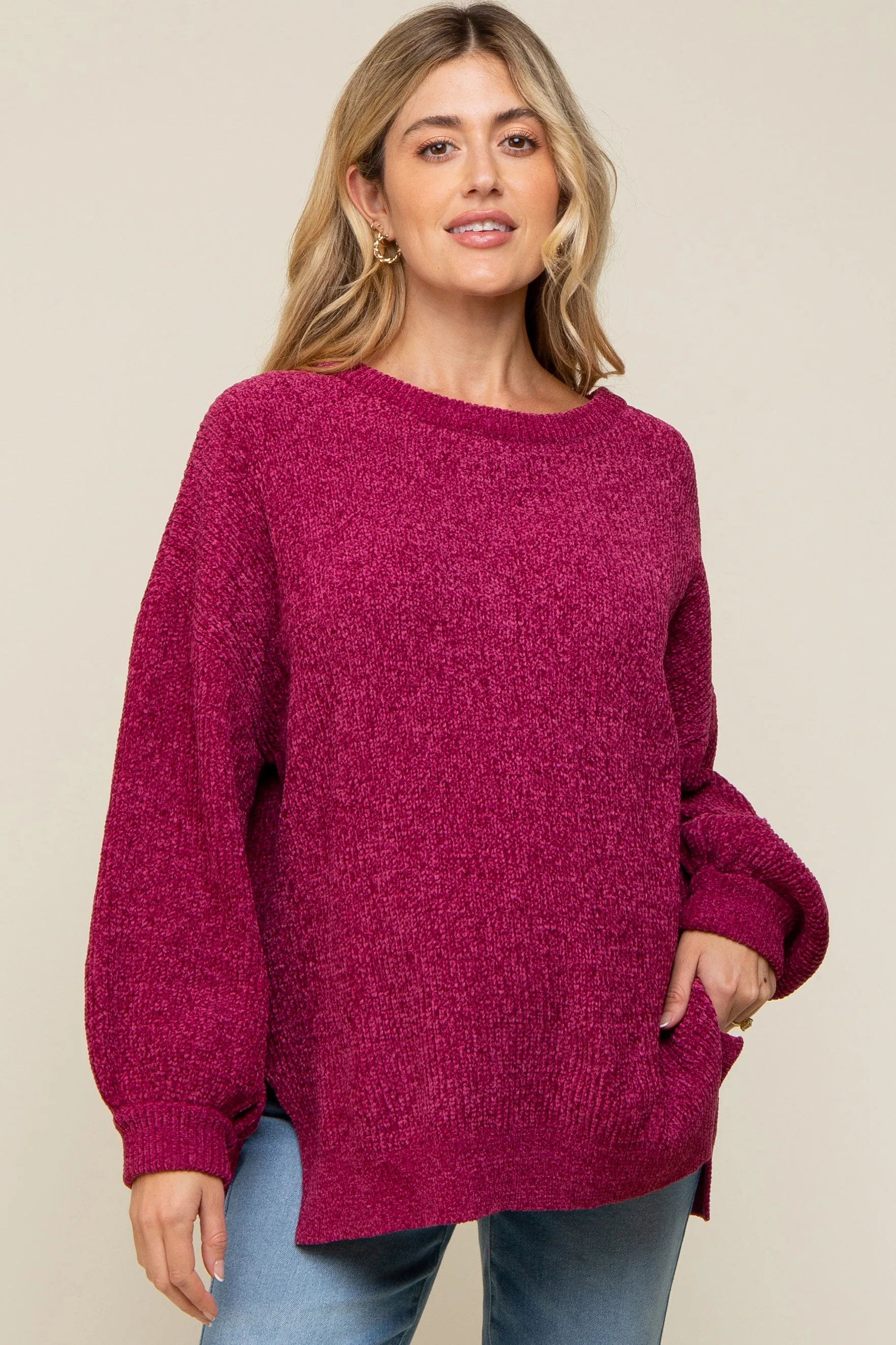 Magenta Chenille Knit Balloon Sleeve Maternity Sweater sold by Pinkblush product image thumbnail 3
