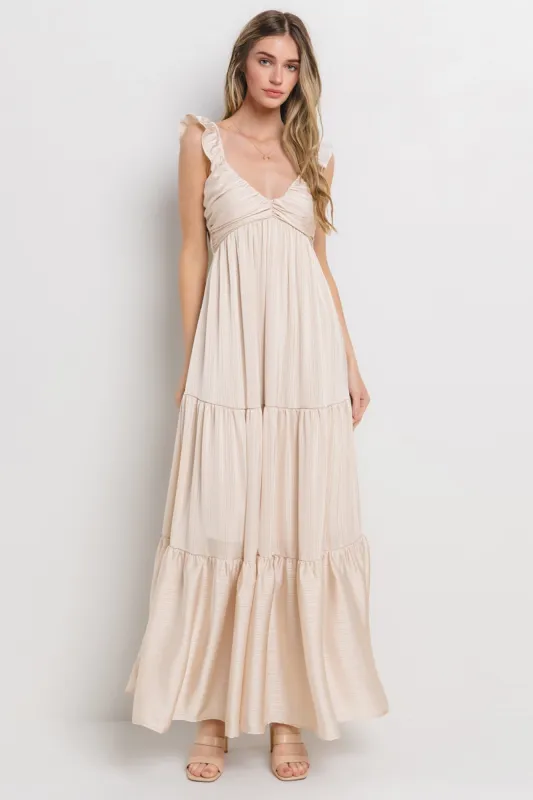 Cream Satin Ruffle Strap Tiered Maxi Dress sold by Pinkblush