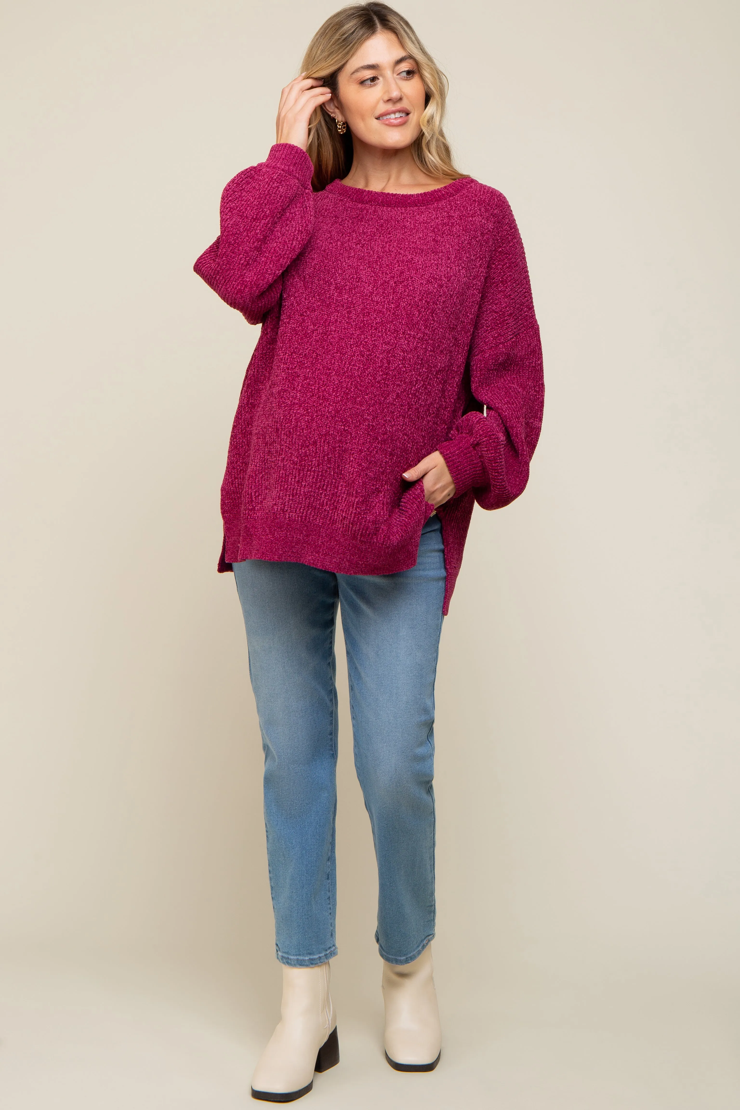Magenta Chenille Knit Balloon Sleeve Maternity Sweater sold by Pinkblush