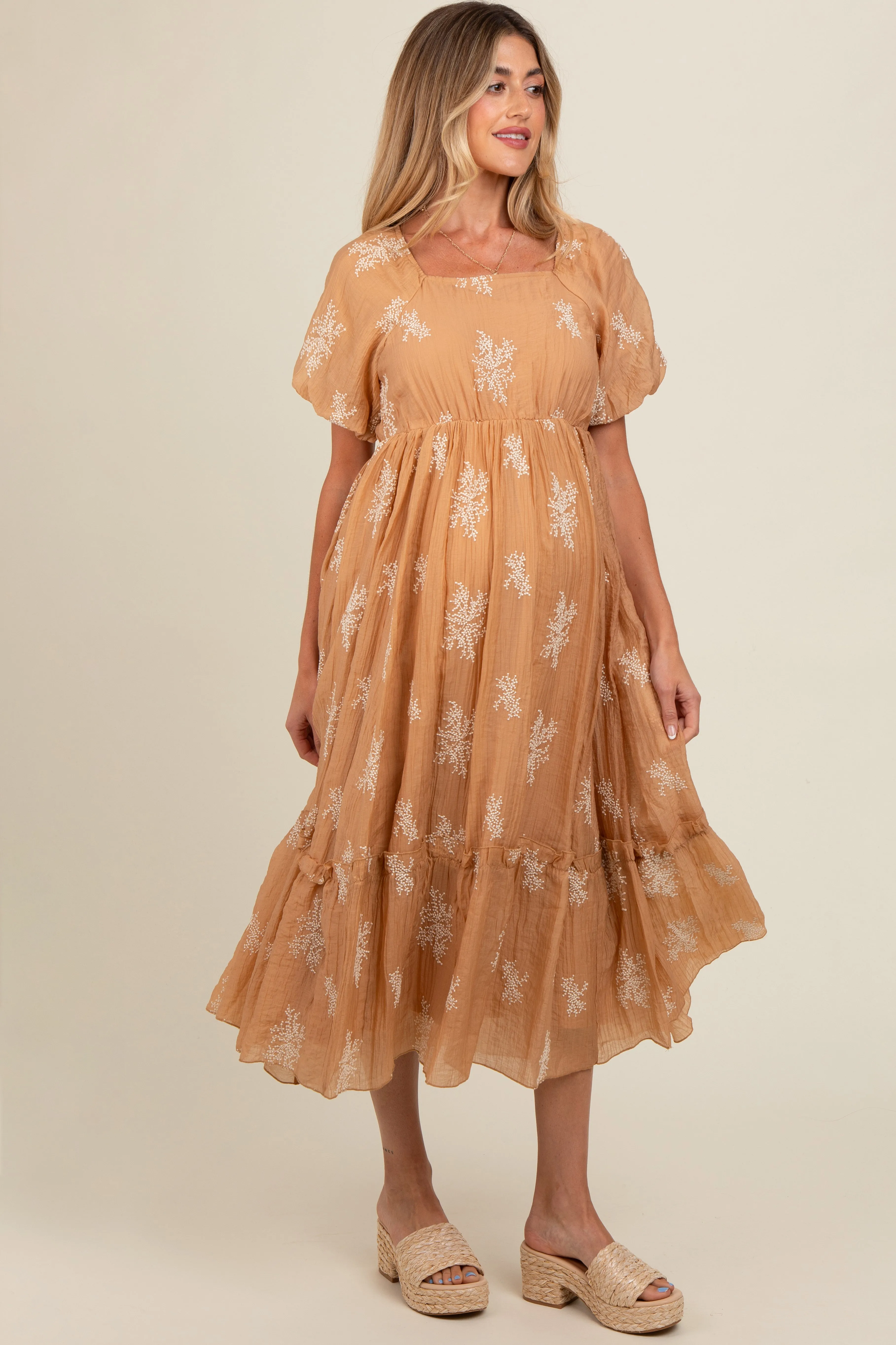 Camel Floral Print Ruffle Hem Maternity Maxi Dress sold by Pinkblush product image thumbnail 3
