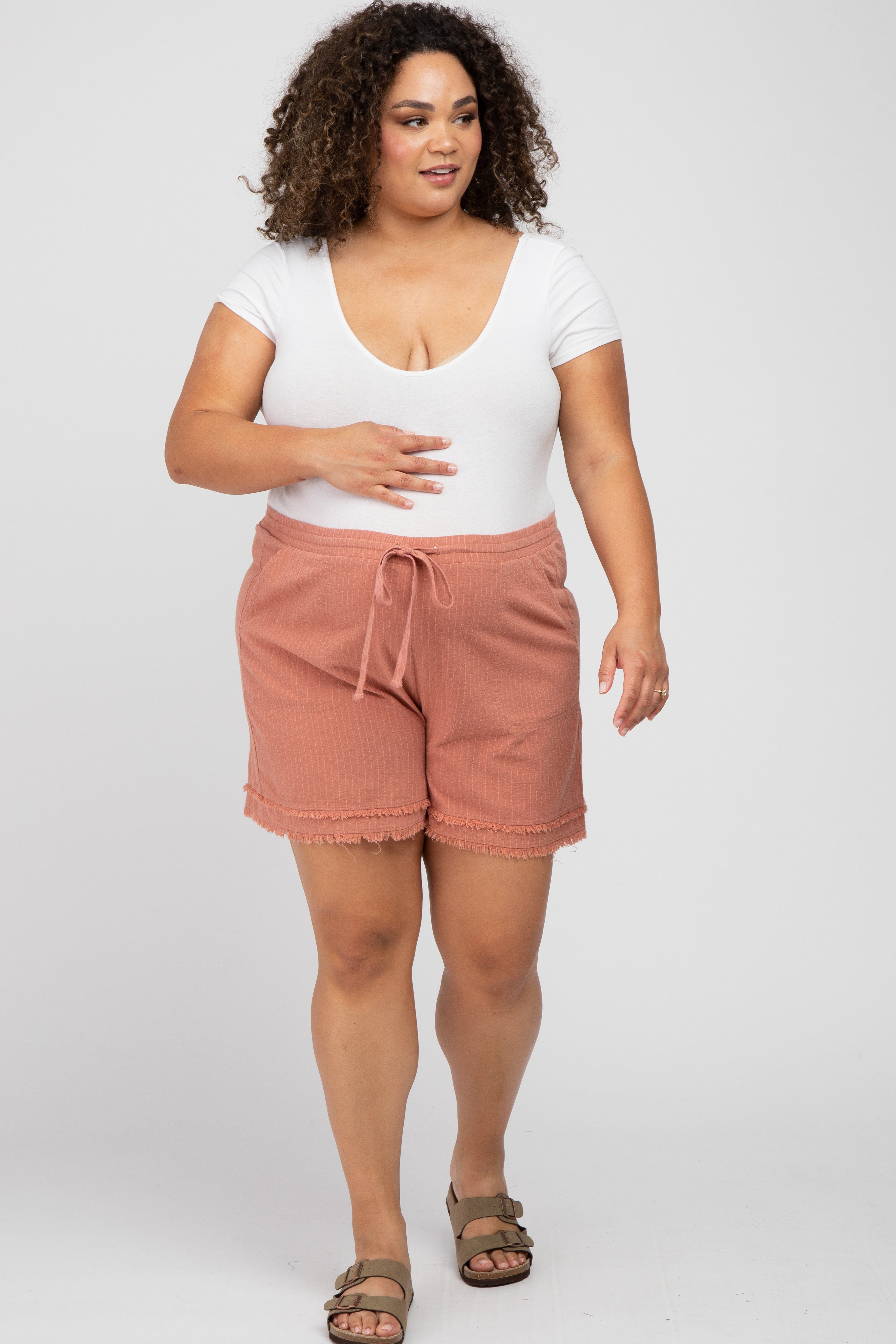 Mauve Striped Fringe Hem Maternity Plus Shorts sold by Pinkblush